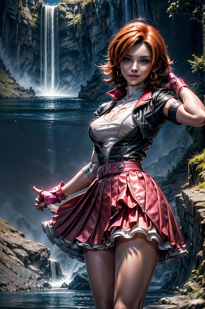 cowboy shot, dynamic pose, beautiful (nora_valkyrie), looking at viewer, smiling, lips, short hair, blue eyes, orange hair, hoop earring, cropped jacket, black jacket, short sleeves, white shirt, cleavage cutout, pink skirt, cross-laced boots, pink gloves, fingerless gloves, black nail, standing in cave entrance, waterfall, river, best quality, masterpiece, intricate details, tonemapping, sharp focus, hyper detailed, masterpiece, elegant face, beautiful face, highly detailed skin, skin pores, subsurface scattering, realistic pupils, full lips, detailed background, depth of field, atmospheric perspective, volumetric lighting, sharp focus, absurdres, realistic proportions, good anatomy, (realistic, hyperrealistic:1.4), 16k hdr,