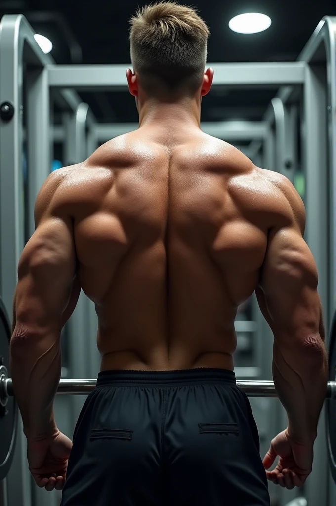 arafed man in blue shorts lifting a barbell in a gym, symmetrical shoulders, Exaggerated muscles, exaggerated muscle physique, defined muscles, Large muscles, Bulging muscles, chiseled muscles, muscle definition, sshoulder, large shoulders, exaggerated physique, arch back, bodybuilder physique, very muscular, hunchback, Perfect muscle structure