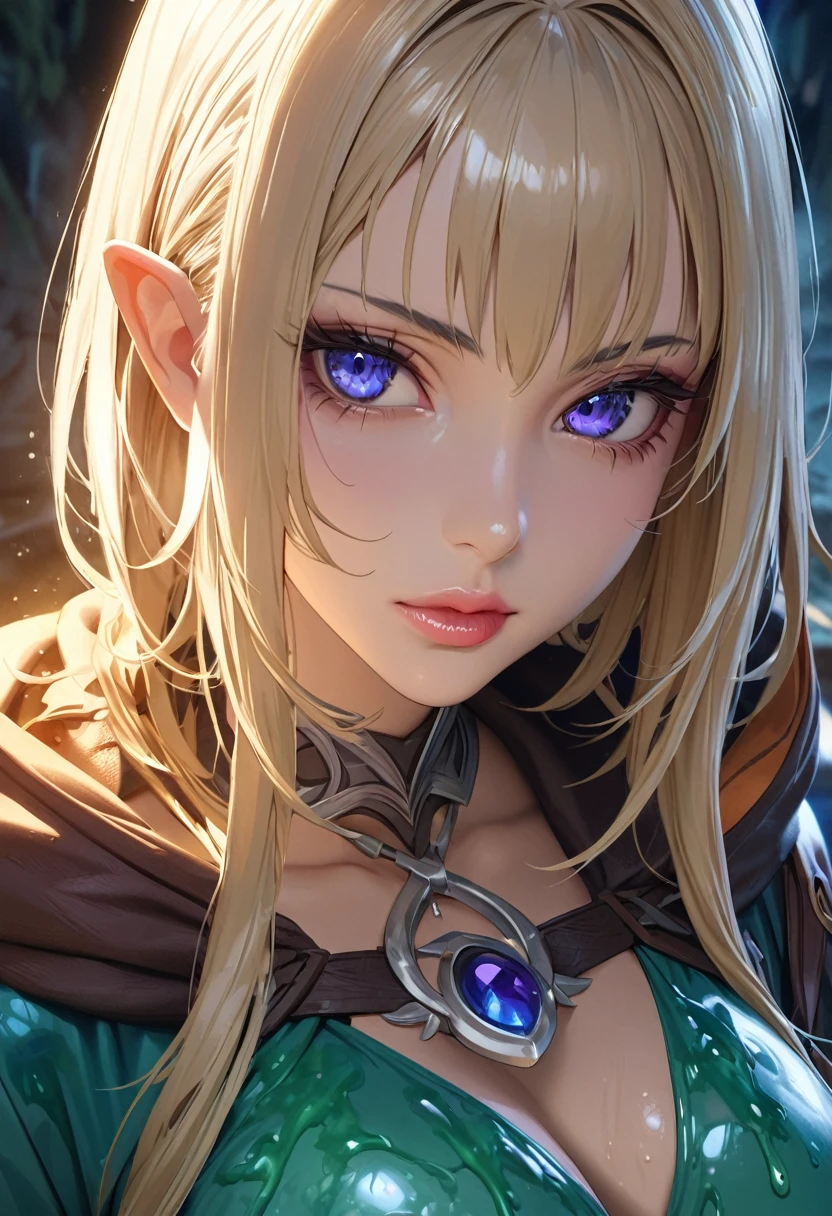 beautiful anime lady, Villetta Nu, adventurer costume, cute girl, hood, blonde, elf, girl covered in slimy liquid, detailed eyes, detailed lips, extremely detailed face, long eyelashes, photorealistic, 8k, hyper detailed, elegant, fantasy, high quality, cinematic lighting, dramatic lighting, vibrant colors, mystical, magical, surreal