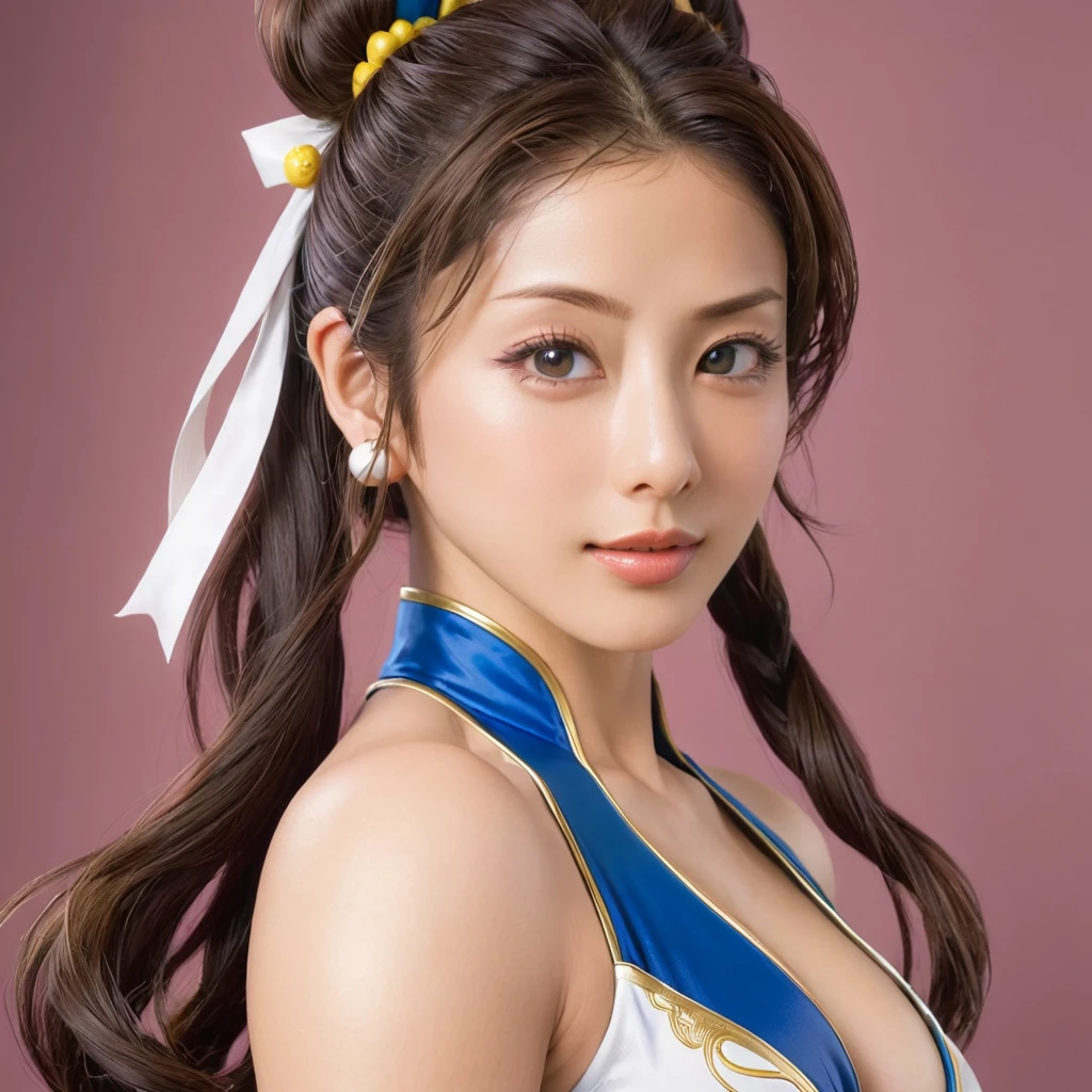 ((Best Quality)), ((masterpiece)), (detailed), （ perfect face）,The woman who was brainwashed and became Vega's mistress is Ishihara Satomi, who has excellent proportions and big breasts, looks like Chun-Li and has her hair tied、The woman is smiling gently