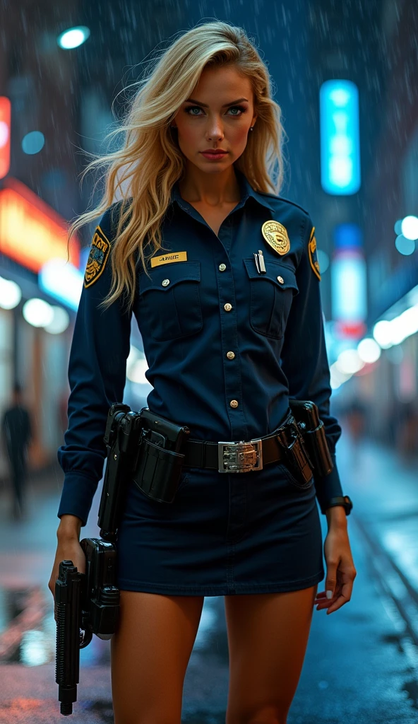 1 female、American beauty、super beautiful、facial beauty、Blue eyes、standing、 New York police uniform 、mini skirt、golden hair、Night Street、 Light up from the background 、The wind is blowing 、He&#39;it&#39;s raining、He está mirando fijamente el cañón del arma..、Take from the thigh up、pointing a gun 