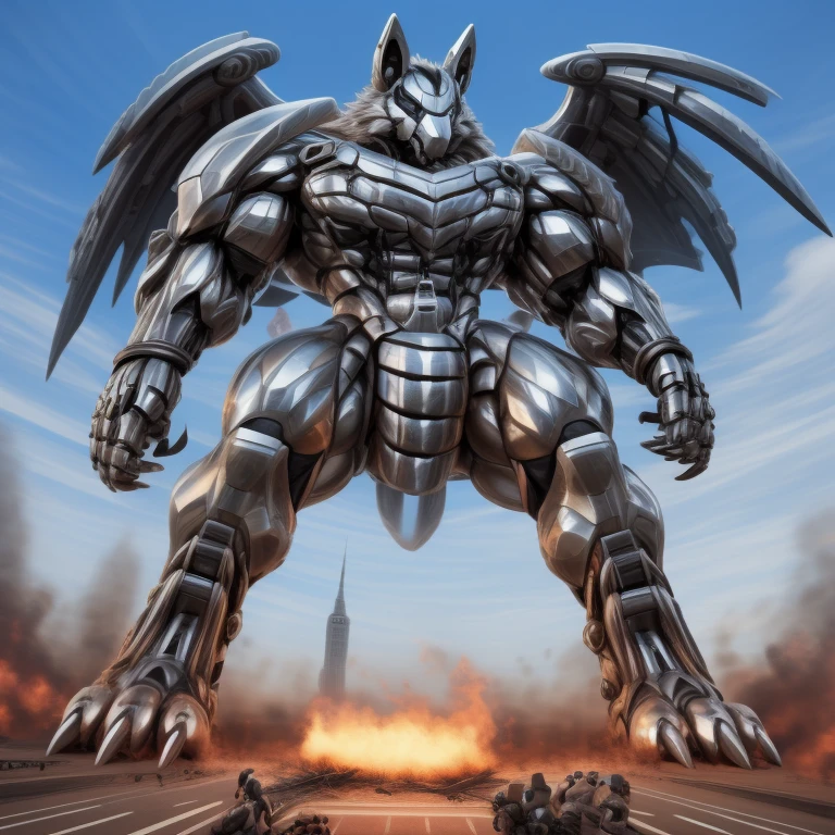 (masterpiece. official art. 8k. best quality. detailed full body. full body.)
(situation 1 : dominating mega lucario. focus GIANT mechanical Muscular mega lucario is trampling the CITY. macro. stomp. Low-angle perspective. emphasizing the immense size. The perspective is from below, emphasizing the sheer majesty and power of the Giant. giant art. He is much bigger than a skyscraper. Giga Giants. micro socceeld. looking down.)

(situation 2 :smoke and flames rising from the destruction in the city)

(Additional details 1: wearing a full-face helmet. helmet is jet black. The color of NANOSUIT is jet black. high-tech bio-mecha armor. real texture material. whole body shines like metal. Wearing cyberpunk mecha. emphasizes the muscles. suit fully made of metal. intricate armor. Robotic suit. suit fully made of metal. no face.). (mega lucario has 5 toes.) Wearing a Full Face Toxic Gas Mask. no blue.
An arrogant expression.
smile at the corner of your mouth.

(Additional details 2: (Detailed head. Detailed Body. Detailed abs. gigantic muscles. HYPER MUSCLES. Gigachad Muscular. big muscle. pecs. triceps. traps. unusually developed muscular body. body full of huge muscles. showing off muscles. pectorales enormes. Exaggeratedly huge muscles. huge muscles. long legs.).

(Additional details 3: nj5furry, Spread wings. It has wings. black have big wings. The claws are sharp. Sharp teeth.5 toes.).  Wearing a Full Face Toxic Gas Mask. 