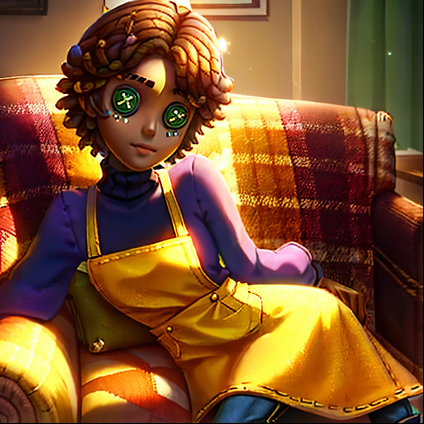 masterpiece, best quality, identity v, button eyes, 
1boy, brown skin, dark skin, black hair long, yellow turtle neck shirt, dark green apron, brown pants, black boots, side purse black, 1 glove, solo, indoors, couch, pillow, looking at viewer, on side, chair, stitches,, sitting, closed mouth, armchair, 
 