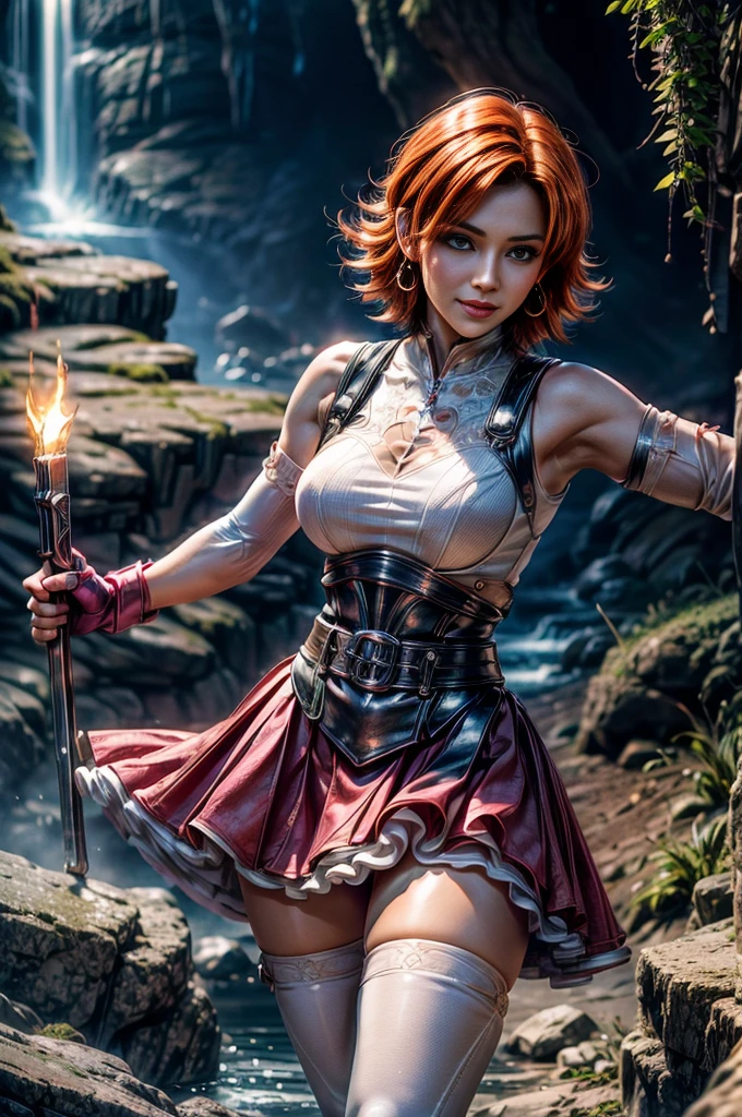 cowboy shot, dynamic pose, beautiful (nora_valkyrie), looking at viewer, smiling, lips, short hair, blue eyes, orange hair, hoop earring, wearing sleeveless dress, pink dress, belt, detached sleeves, black gloves, fingerless gloves, white thighhighs, black boots, black nail, standing in cave entrance, waterfall, river, best quality, masterpiece, intricate details, tonemapping, sharp focus, hyper detailed, masterpiece, elegant face, beautiful face, highly detailed skin, skin pores, subsurface scattering, realistic pupils, full lips, detailed background, depth of field, atmospheric perspective, volumetric lighting, sharp focus, absurdres, realistic proportions, good anatomy, (realistic, hyperrealistic:1.4), 16k hdr,