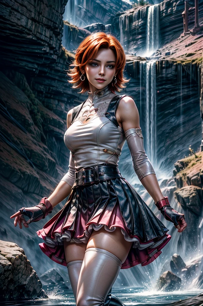 cowboy shot, dynamic pose, beautiful (nora_valkyrie), looking at viewer, smiling, lips, short hair, blue eyes, orange hair, hoop earring, wearing sleeveless dress, pink dress, belt, detached sleeves, black gloves, fingerless gloves, white thighhighs, black boots, black nail, standing in cave entrance, waterfall, river, best quality, masterpiece, intricate details, tonemapping, sharp focus, hyper detailed, masterpiece, elegant face, beautiful face, highly detailed skin, skin pores, subsurface scattering, realistic pupils, full lips, detailed background, depth of field, atmospheric perspective, volumetric lighting, sharp focus, absurdres, realistic proportions, good anatomy, (realistic, hyperrealistic:1.4), 16k hdr,