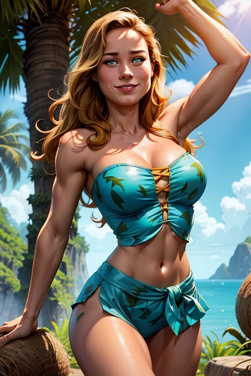 Sexy Busty Voluptuous skimpy Buff Muscular athletic Smiling cheerful suntanned primal wild feral Brie Larson's Mason Weaver from Kong: Skull Island with very long down loose hair down to her hips and blue eyes in the sunny tropical jungle on a hot sunny summer day , large breasts, strapless, sleeveless, bare midriff, bare legs