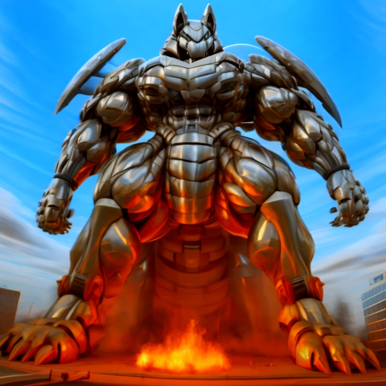 (masterpiece. official art. 8k. best quality. detailed full body. full body.)
(situation 1 : dominating mega lucario. focus GIANT mechanical Muscular mega lucario is trampling the CITY. macro. stomp. Low-angle perspective. emphasizing the immense size. The perspective is from below, emphasizing the sheer majesty and power of the Giant. giant art. He is much bigger than a skyscraper. Giga Giants. micro socceeld. looking down.)

(situation 2 :smoke and flames rising from the destruction in the city)

(Additional details 1: wearing a full-face helmet. helmet is jet black. The color of NANOSUIT is jet black. high-tech bio-mecha armor. real texture material. whole body shines like metal. Wearing cyberpunk mecha. emphasizes the muscles. suit fully made of metal. intricate armor. Robotic suit. suit fully made of metal. no face.). (mega lucario has 5 toes.) Wearing a Full Face Toxic Gas Mask. no blue.
An arrogant expression.
smile at the corner of your mouth.

(Additional details 2: (Detailed head. Detailed Body. Detailed abs. gigantic muscles. HYPER MUSCLES. Gigachad Muscular. big muscle. pecs. triceps. traps. unusually developed muscular body. body full of huge muscles. showing off muscles. pectorales enormes. Exaggeratedly huge muscles. huge muscles. long legs.).

(Additional details 3: nj5furry, Spread wings. It has wings. black have big wings. The claws are sharp. Sharp teeth.5 toes.).  Wearing a Full Face Toxic Gas Mask. 