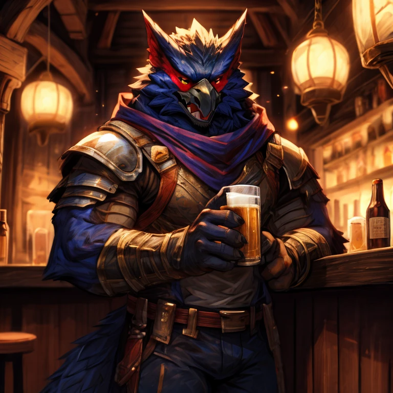 Muscular Nargacuga drinking beer inside a medieval bar,  High Resolution , 4K,  High Resolution , Best Quality, Perfect color,  perfect shadow , perfect lighting, male, correct head anatomy,  correct anatomy , (detailed realistic feathers, amazing, masterpiece:1.2), (medieval bar detail background), Shining Feathers, smooth plumage, Perfect fur, Detailed fur, Nargacuga wearing leather armor, Blue trousers, t-shirt reference, exquisite leather armor, perfect pants,perian scarf, Nargacuga (monster hunter), detail nozzle, drink , Torch lighting , night, medieval bar detail, Detailed beer, Laughing, Detailed face