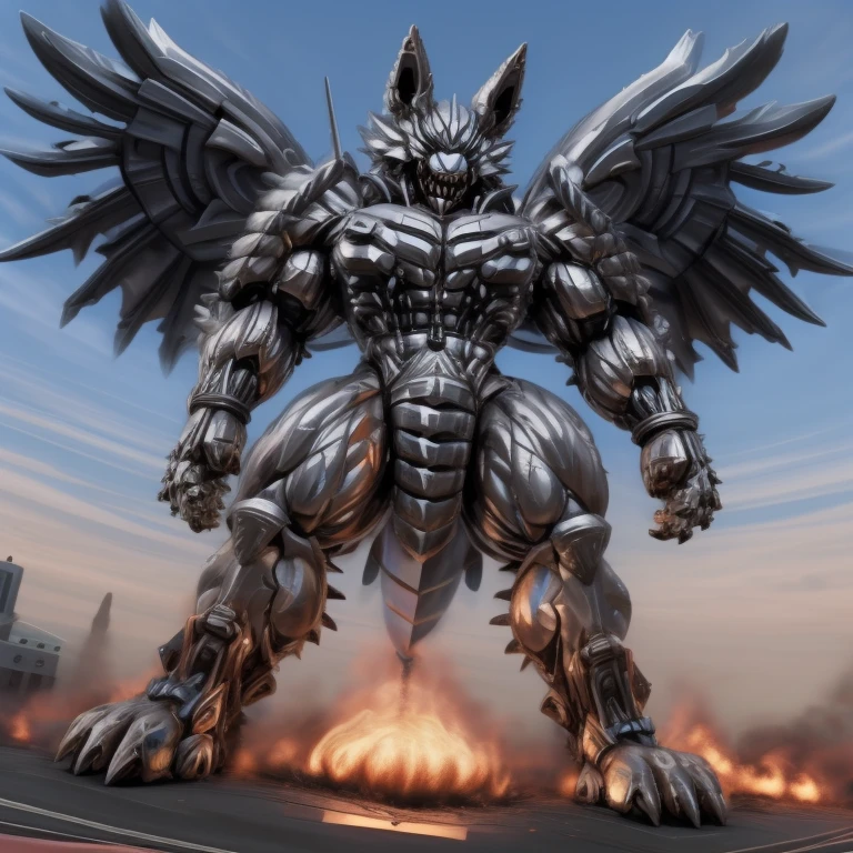 (masterpiece. official art. 8k. best quality. detailed full body. full body.)
(situation 1 : dominating mega lucario. focus GIANT mechanical Muscular mega lucario is trampling the CITY. macro. stomp. Low-angle perspective. emphasizing the immense size. The perspective is from below, emphasizing the sheer majesty and power of the Giant. giant art. He is much bigger than a skyscraper. Giga Giants. micro socceeld. looking down.)

(situation 2 :smoke and flames rising from the destruction in the city)

(Additional details 1: wearing a full-face helmet. helmet is jet black. The color of NANOSUIT is jet black. high-tech bio-mecha armor. real texture material. whole body shines like metal. Wearing cyberpunk mecha. emphasizes the muscles. suit fully made of metal. intricate armor. Robotic suit. suit fully made of metal. no face.). (mega lucario has 5 toes.) Wearing a Full Face Toxic Gas Mask. no blue.
An arrogant expression.
smile at the corner of your mouth.

(Additional details 2: (Detailed head. Detailed Body. Detailed abs. gigantic muscles. HYPER MUSCLES. Gigachad Muscular. big muscle. pecs. triceps. traps. unusually developed muscular body. body full of huge muscles. showing off muscles. pectorales enormes. Exaggeratedly huge muscles. huge muscles. long legs.).

(Additional details 3: nj5furry, Spread wings. It has wings. black have big wings. The claws are sharp. Sharp teeth.5 toes.).  Wearing a Full Face Toxic Gas Mask. 