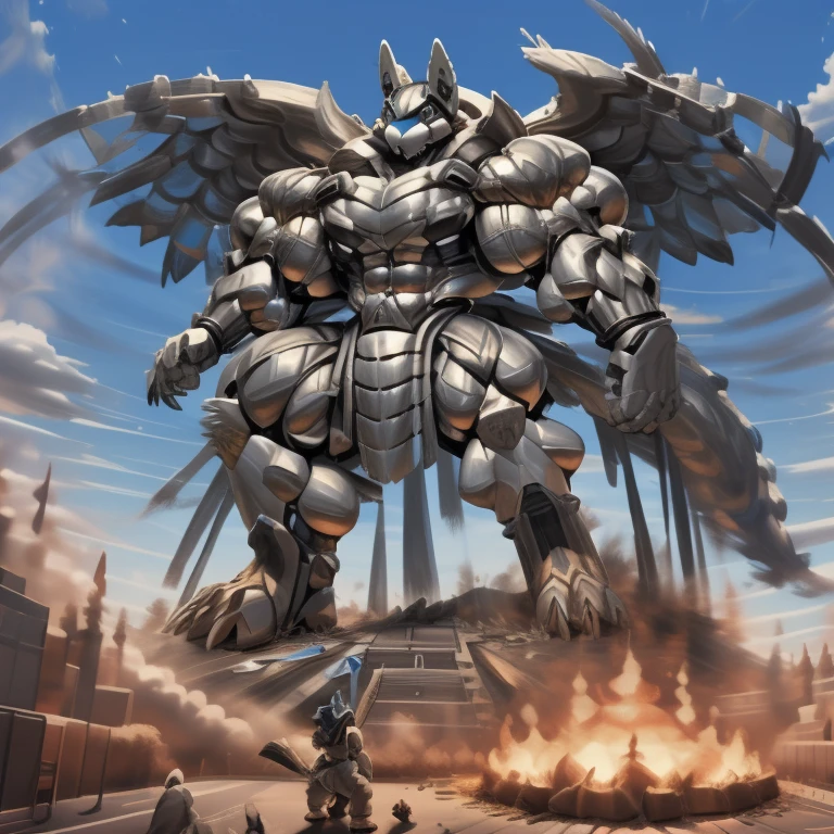 (masterpiece. official art. 8k. best quality. detailed full body. full body.)
(situation 1 : dominating mega lucario. focus GIANT mechanical Muscular mega lucario is trampling the CITY. macro. stomp. Low-angle perspective. emphasizing the immense size. The perspective is from below, emphasizing the sheer majesty and power of the Giant. giant art. He is much bigger than a skyscraper. Giga Giants. micro socceeld. looking down.)

(situation 2 :smoke and flames rising from the destruction in the city)

(Additional details 1: wearing a full-face helmet. helmet is jet black. The color of NANOSUIT is jet black. high-tech bio-mecha armor. real texture material. whole body shines like metal. Wearing cyberpunk mecha. emphasizes the muscles. suit fully made of metal. intricate armor. Robotic suit. suit fully made of metal. no face.). (mega lucario has 5 toes.) Wearing a Full Face Toxic Gas Mask. no blue.
An arrogant expression.
smile at the corner of your mouth.

(Additional details 2: (Detailed head. Detailed Body. Detailed abs. gigantic muscles. HYPER MUSCLES. Gigachad Muscular. big muscle. pecs. triceps. traps. unusually developed muscular body. body full of huge muscles. showing off muscles. pectorales enormes. Exaggeratedly huge muscles. huge muscles. long legs.).

(Additional details 3: nj5furry, Spread wings. It has wings. black have big wings. The claws are sharp. Sharp teeth.5 toes.).  Wearing a Full Face Toxic Gas Mask. 