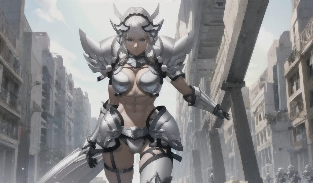 Female with long black hair, ponytail, chest, cleavage, white tights, white sci-fi armor, high-heeled shoes, katana sword, apocalyptic ruined city