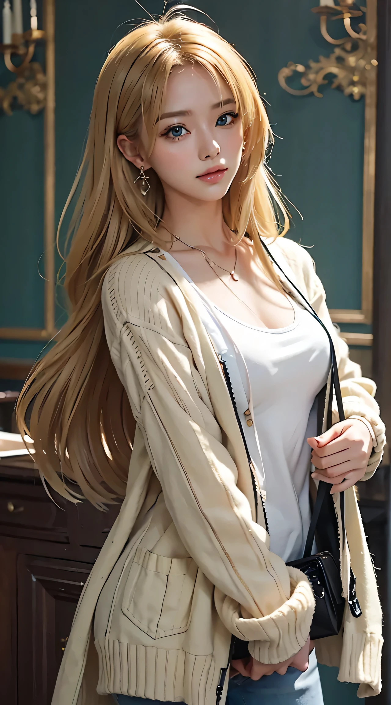 masterpiece, Best Quality, ,  1 girl, Alone,  staring at viewers, ,  depth of field, Asia_, Blonde, green eyes, beautiful, beautiful woman,  perfect bodies , Perfect breasts,  woman in a white mini mermaid dress shudders, Black cardigan, Long jeans, Handbags,  watch wearing , Wearing earrings, During class, Universityで, University, blackboard, が staring at viewers, A faint smile, realism, masterpiece,  textured leather , Super detailed, high detail, high quality , Best Quality, 1080P, 16k