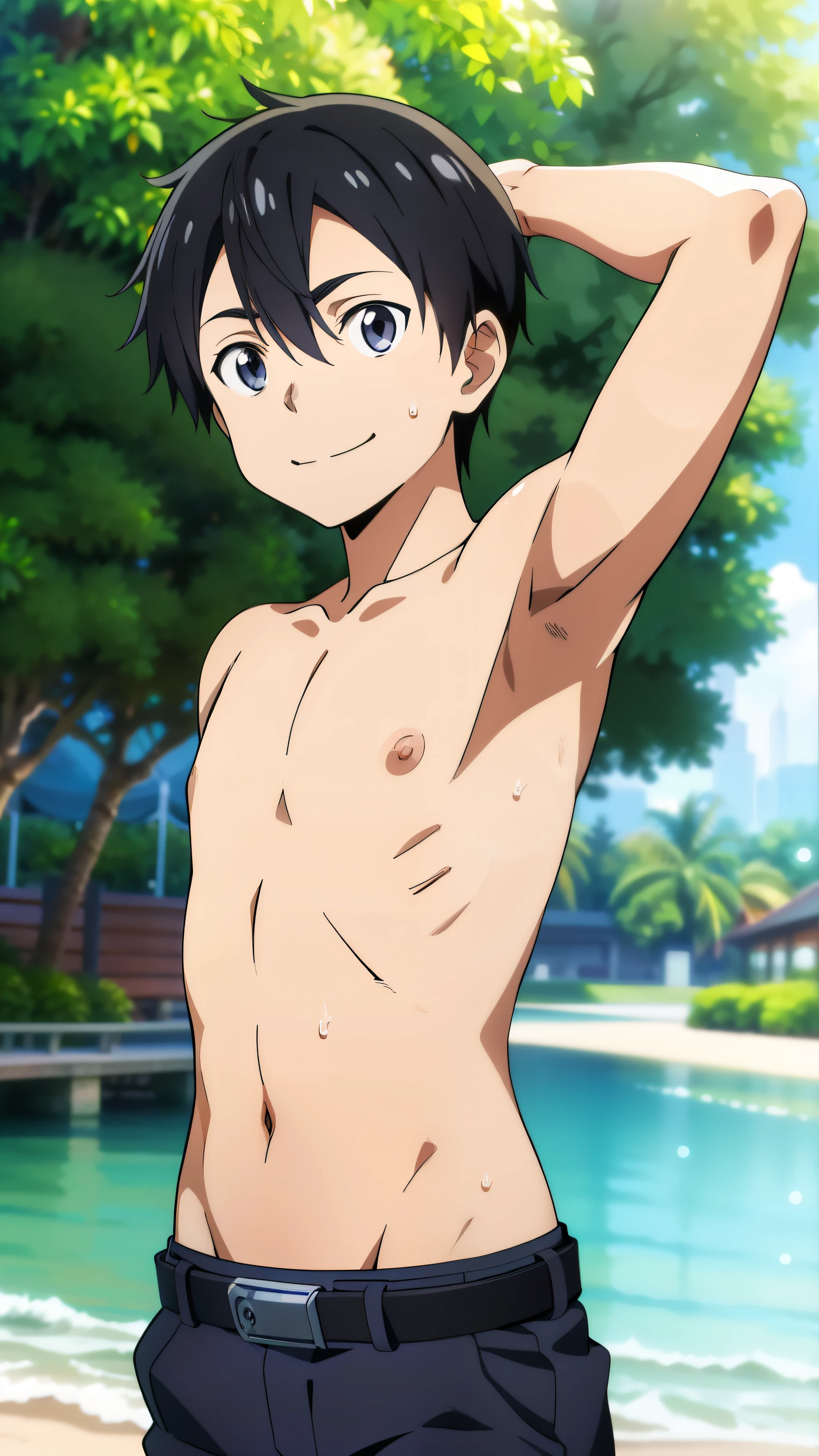 Anime style, Highres, Masterpiece, Best quality at best,Best Quality,hight quality, hight detailed, 1boy, (), (armpit), sweating, shota, outdoors, (surrounded by many people, in the public eye), in the camera's portrait, shirtless, topless, bare chest, seductive face, cute boy, upper body, slim body