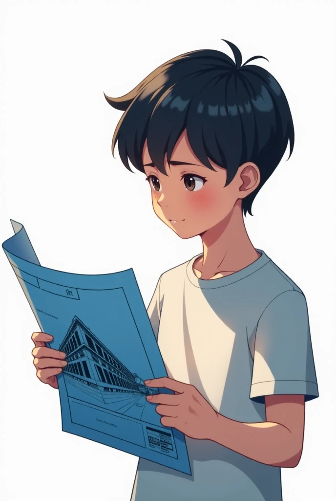 image of boy holding and looking at a blue blueprint of a building, giving back to the camara, wearing shirt, anime style, 