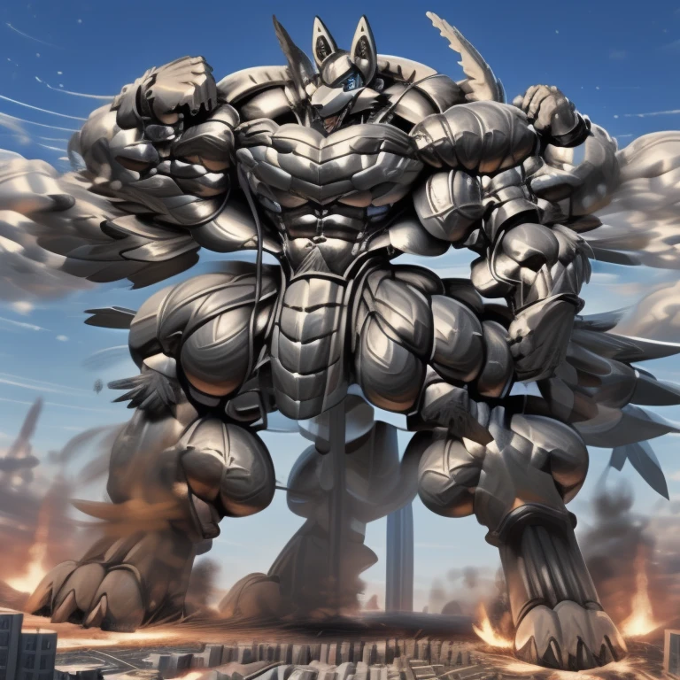 (masterpiece. official art. 8k. best quality. detailed full body. full body.)
(situation 1 : dominating mega lucario. focus GIANT mechanical Muscular mega lucario is trampling the CITY. macro. stomp. Low-angle perspective. emphasizing the immense size. The perspective is from below, emphasizing the sheer majesty and power of the Giant. giant art. He is much bigger than a skyscraper. Giga Giants. micro socceeld. looking down.)

(situation 2 :smoke and flames rising from the destruction in the city)

(Additional details 1: wearing a full-face helmet. helmet is jet black. The color of NANOSUIT is jet black. high-tech bio-mecha armor. real texture material. whole body shines like metal. Wearing cyberpunk mecha. emphasizes the muscles. suit fully made of metal. intricate armor. Robotic suit. suit fully made of metal. no face.). (mega lucario has 5 toes.) Wearing a Full Face Toxic Gas Mask. no blue.
An arrogant expression.
smile at the corner of your mouth.

(Additional details 2: (Detailed head. Detailed Body. Detailed abs. gigantic muscles. HYPER MUSCLES. Gigachad Muscular. big muscle. pecs. triceps. traps. unusually developed muscular body. body full of huge muscles. showing off muscles. pectorales enormes. Exaggeratedly huge muscles. huge muscles. long legs.).

(Additional details 3: nj5furry, Spread wings. It has wings. black have big wings. The claws are sharp. Sharp teeth.5 toes.).  Wearing a Full Face Toxic Gas Mask. 