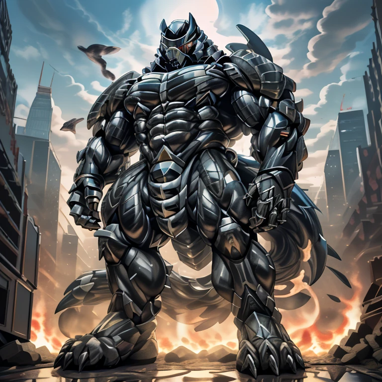 (masterpiece. official art. 8k. best quality. detailed full body. full body.)
(situation 1 : dominating mega Lucario. focus Colossus mechanical Muscular mega Lucario is trampling the CITY. macro. stomp. Low-angle perspective. emphasizing the immense size. The perspective is from below, emphasizing the sheer majesty and power of the Colossus. Colossus art. He is much bigger than a skyscraper. Giga Colossuss. micro soccer field. looking down.)

(situation 2 :smoke and flames rising from the destruction in the city)

(Additional details 1: wearing a full-face helmet. helmet is jet black. The color of NANOSUIT is jet black. high-tech bio-mecha armor. real texture material. whole body shines like metal. Wearing cyberpunk mecha. emphasizes the muscles. suit fully made of metal. intricate armor. Robotic suit. suit fully made of metal. NANOSUIT with the same design as mega Lucario.). (mega Lucario has 5 toes.)

(Additional details 2: (Detailed head. Detailed Body. Detailed abs. gigantic muscles. HYPER MUSCLES. Gigachad Muscular. big muscle. pecs. triceps. traps. unusually developed muscular body. body full of huge muscles. showing off muscles. pectorales enormes. Exaggeratedly huge muscles. huge muscles. long legs.).

(Additional details 3: nj5furry, Spread wings. It has wings. black have big wings. The claws are sharp. Sharp teeth.5 toes.). 