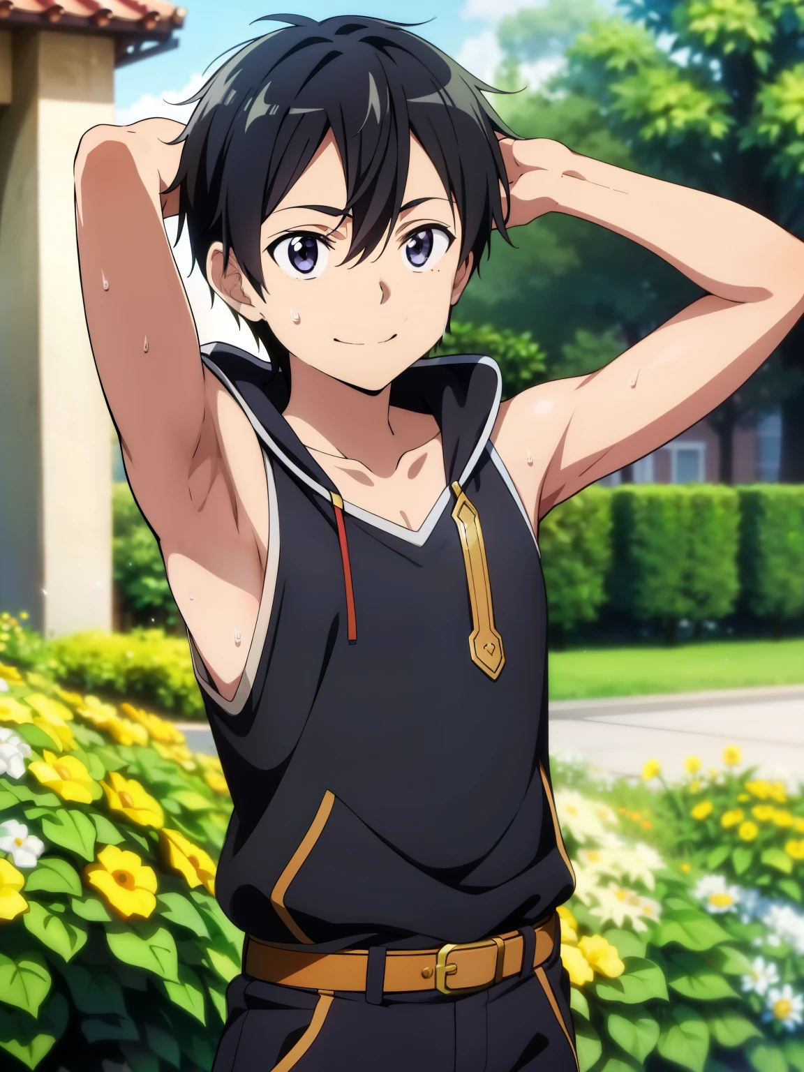 Highres, Masterpiece, Best quality at best,Best Quality,hight quality, hight detailed, Anime style, 1boy, Shota, young boy, kirito, black hair, black eyes, hair between eyes, solo, 1boy, smile, garden, Sleeveless hoodie, bare shoulder, upper body, belt, (Showing armpit:1.3), (very young boy), (very small and short body), smile, Blurry beckground, cute boy, Uhd, bokeh, sweat
