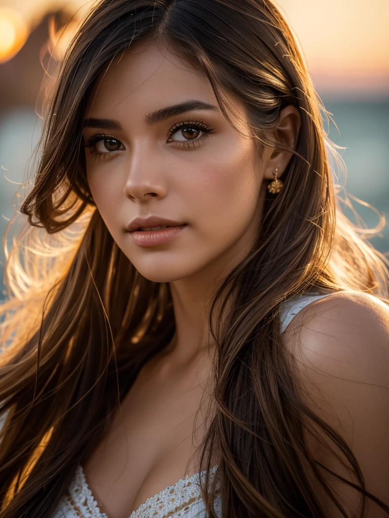 a beautiful young peruana idol woman, long straight hair, round face, sailor fuku, golden sand beach at sunset, (best quality,4k,8k,highres,masterpiece:1.2),ultra-detailed,(realistic,photorealistic,photo-realistic:1.37),detailed facial features,extremely detailed eyes and face,longeyelashes,dynamic pose,natural lighting,vibrant colors,glowing skin,intricate details,cinematic composition,dramatic lighting