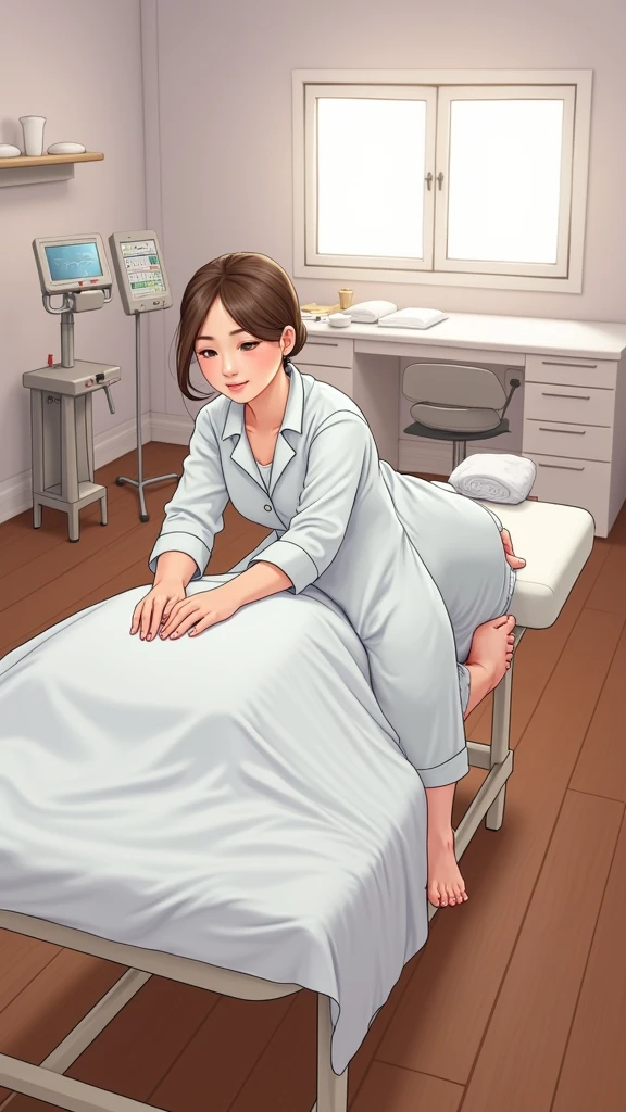 create the image of a 28 year old anime style character with short dark brown hair to the shoulder, round prescription glasses, skin fair, yellow seductive eyes, black jersey, lab coat and tailored pants, earrings and the body reasonably "big fit ass", she is lying on a stretcher without shoes with her beautiful feet tied with the soles facing forward and with her legs stretched out in front and her hands tied to the sides of the stretcher, and she is laughing a lot while 2 brushes scrub the soles of her feet that have 5 toes