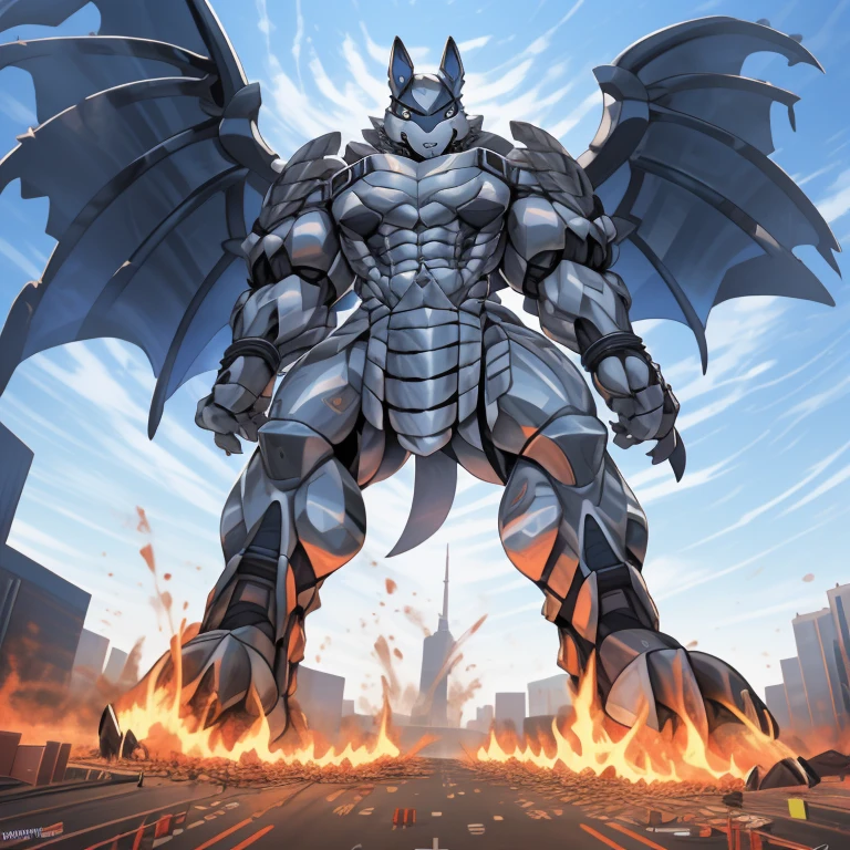 (masterpiece. official art. 8k. best quality. detailed full body. full body.)
(situation 1 : dominating mega lucario. focus GIANT mechanical Muscular mega lucario is trampling the CITY. macro. stomp. Low-angle perspective. emphasizing the immense size. The perspective is from below, emphasizing the sheer majesty and power of the Giant. giant art. He is much bigger than a skyscraper. Giga Giants. micro socceeld. looking down.)

(situation 2 :smoke and flames rising from the destruction in the city)

(Additional details 1: wearing a full-face helmet. helmet is jet black. The color of NANOSUIT is jet black. high-tech bio-mecha armor. real texture material. whole body shines like metal. Wearing cyberpunk mecha. emphasizes the muscles. suit fully made of metal. intricate armor. Robotic suit. suit fully made of metal. no face.). (mega lucario has 5 toes.) Wearing a Full Face Toxic Gas Mask. no blue.
An arrogant expression.
smile at the corner of your mouth.

(Additional details 2: (Detailed head. Detailed Body. Detailed abs. gigantic muscles. HYPER MUSCLES. Gigachad Muscular. big muscle. pecs. triceps. traps. unusually developed muscular body. body full of huge muscles. showing off muscles. pectorales enormes. Exaggeratedly huge muscles. huge muscles. long legs.).

(Additional details 3: nj5furry, Spread wings. It has wings. black have big wings. The claws are sharp. Sharp teeth.5 toes.).  Wearing a Full Face Toxic Gas Mask. 