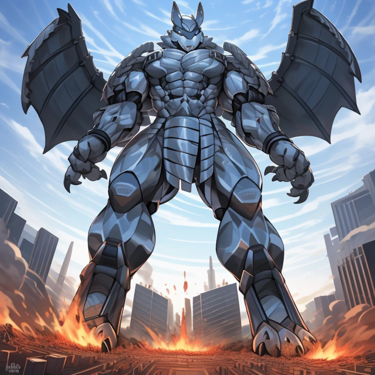 (masterpiece. official art. 8k. best quality. detailed full body. full body.)
(situation 1 : dominating mega lucario. focus GIANT mechanical Muscular mega lucario is trampling the CITY. macro. stomp. Low-angle perspective. emphasizing the immense size. The perspective is from below, emphasizing the sheer majesty and power of the Giant. giant art. He is much bigger than a skyscraper. Giga Giants. micro socceeld. looking down.)

(situation 2 :smoke and flames rising from the destruction in the city)

(Additional details 1: wearing a full-face helmet. helmet is jet black. The color of NANOSUIT is jet black. high-tech bio-mecha armor. real texture material. whole body shines like metal. Wearing cyberpunk mecha. emphasizes the muscles. suit fully made of metal. intricate armor. Robotic suit. suit fully made of metal. no face.). (mega lucario has 5 toes.) Wearing a Full Face Toxic Gas Mask. no blue.
An arrogant expression.
smile at the corner of your mouth.

(Additional details 2: (Detailed head. Detailed Body. Detailed abs. gigantic muscles. HYPER MUSCLES. Gigachad Muscular. big muscle. pecs. triceps. traps. unusually developed muscular body. body full of huge muscles. showing off muscles. pectorales enormes. Exaggeratedly huge muscles. huge muscles. long legs.).

(Additional details 3: nj5furry, Spread wings. It has wings. black have big wings. The claws are sharp. Sharp teeth.5 toes.).  Wearing a Full Face Toxic Gas Mask. 