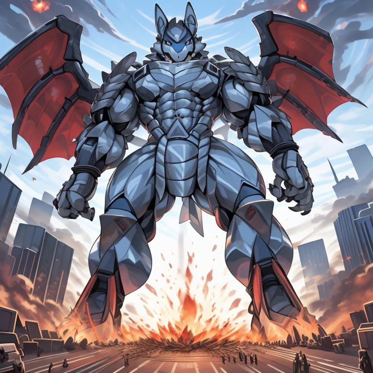 (masterpiece. official art. 8k. best quality. detailed full body. full body.)
(situation 1 : dominating mega lucario. focus GIANT mechanical Muscular mega lucario is trampling the CITY. macro. stomp. Low-angle perspective. emphasizing the immense size. The perspective is from below, emphasizing the sheer majesty and power of the Giant. giant art. He is much bigger than a skyscraper. Giga Giants. micro socceeld. looking down.)

(situation 2 :smoke and flames rising from the destruction in the city)

(Additional details 1: wearing a full-face helmet. helmet is jet black. The color of NANOSUIT is jet black. high-tech bio-mecha armor. real texture material. whole body shines like metal. Wearing cyberpunk mecha. emphasizes the muscles. suit fully made of metal. intricate armor. Robotic suit. suit fully made of metal. no face.). (mega lucario has 5 toes.) Wearing a Full Face Toxic Gas Mask. no blue.
An arrogant expression.
smile at the corner of your mouth.

(Additional details 2: (Detailed head. Detailed Body. Detailed abs. gigantic muscles. HYPER MUSCLES. Gigachad Muscular. big muscle. pecs. triceps. traps. unusually developed muscular body. body full of huge muscles. showing off muscles. pectorales enormes. Exaggeratedly huge muscles. huge muscles. long legs.).

(Additional details 3: nj5furry, Spread wings. It has wings. black have big wings. The claws are sharp. Sharp teeth.5 toes.).  Wearing a Full Face Toxic Gas Mask. 