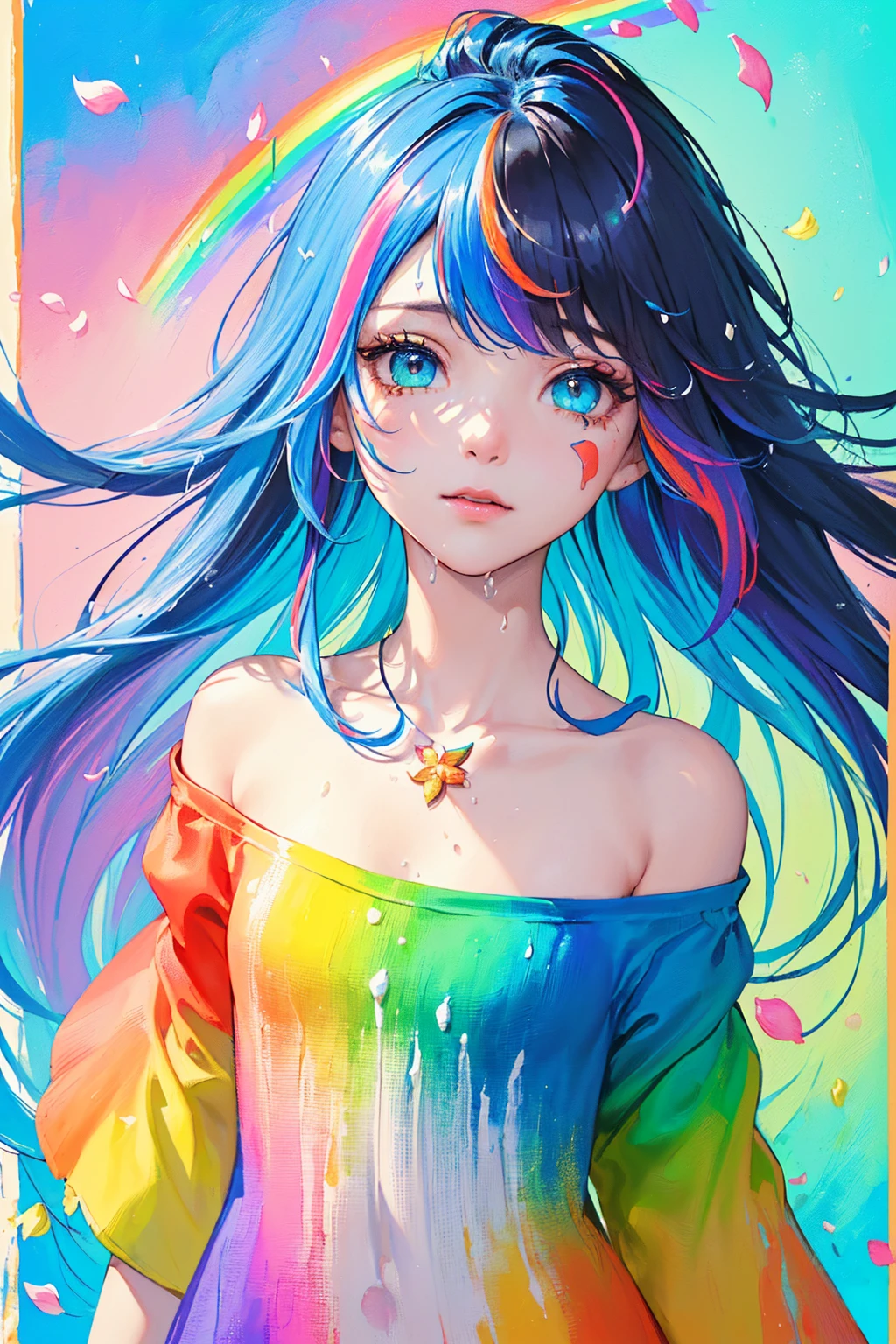 （Pink Fashion T-shirt：1.9），(Colorful hair: 1.8), (all the colours of the rainbow: 1.8),(((((vertical painting：1.6))), （painting：1.6），front, comics, illustrations, paintings, large eyes, crystal clear eyes,（ rainbow color gradient high ponytail：1.7）, exquisite makeup, closed mouth,(Small Fresh: 1.5),(Wipe Chest: 1.6) ，long eyelashes, white off shoulder T-shirt,  White Shoulder Shirt，looking at the audience, large watery eyes, (rainbow colored hair：1.6), color splash, （solo：1.8）, color splash, color explosion, thick paint style, messy lines, ((shining))，(colorful), (colorful), (colorful), colorful, Thick Paint Style, (Splash) (Color Splash), Vertical Painting, Upper Body, Paint Splash, Acrylic Pigment, Gradient, Paint, Highest Image Quality, Highest Quality, Masterpiece, Solo, Depth of Field, Face Paint,  colorful clothes, (Elegant: 1.2), gorgeous,long hair, wind, (Elegant: 1.3), (Petals: 1.4)，(((masterpiece))),(((best quality))),((ultra-detailed)),(illustration),(dynamic angle),((floating)),(paint),((disheveled hair)),(solo),(1girl) , (((detailed anima face))),((beautiful detailed face)),collar,bare shoulders,white hair, ((colorful hair)),((streaked hair)),beautiful detailed eyes,(Gradient color eyes),(((colorful eyes))),(((colorful background))),(((high saturation))),(((surrounded by colorful splashes))),