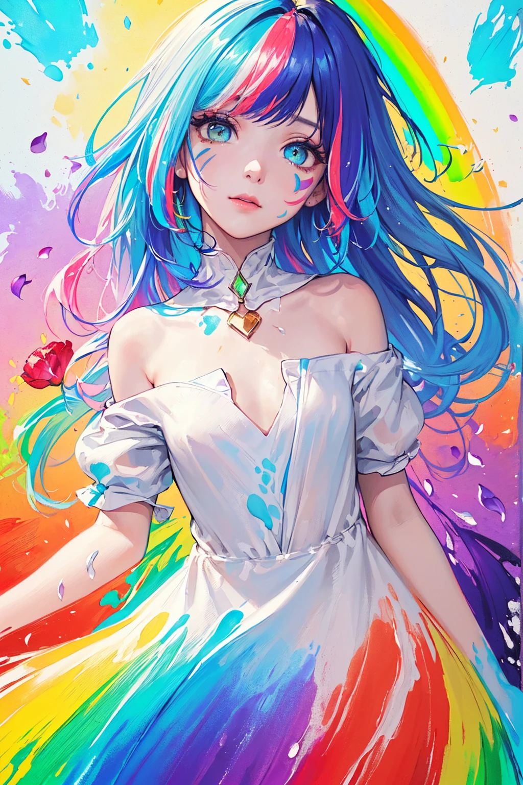 (Pink Fashion T-shirt:1.9),(Colorful hair: 1.8), (all the colours of the rainbow: 1.8),(((((vertical painting:1.6))), (painting:1.6),front, comics, illustrations, paintings, large eyes, crystal clear eyes,( rainbow color gradient high ponytail:1.7), exquisite makeup, closed mouth,(Small Fresh: 1.5),(Wipe Chest: 1.6) ,long eyelashes, white off shoulder T-shirt, White Shoulder Shirt,looking at the audience, large watery eyes, (rainbow colored hair:1.6), color splash, (solo:1.8), color splash, color explosion, thick paint style, messy lines, ((shining)),(colorful), (colorful), (colorful), colorful, Thick Paint Style, (Splash) (Color Splash), Vertical Painting, Upper Body, Paint Splash, Acrylic Pigment, Gradient, Paint, Highest Image Quality, Highest Quality, Masterpiece, Solo, Depth of Field, Face Paint, colorful clothes, (Elegant: 1.2), gorgeous,long hair, wind, (Elegant: 1.3), (Petals: 1.4),(((masterpiece))),(((best quality))),((ultra-detailed)),(illustration),(dynamic angle),((floating)),(paint),((disheveled hair)),(solo),(1girl) , (((detailed anima face))),((beautiful detailed face)),collar,bare shoulders,white hair, ((colorful hair)),((streaked hair)),beautiful detailed eyes,(Gradient color eyes),(((colorful eyes))),(((colorful background))),(((high saturation))),(((surrounded by colorful splashes))),