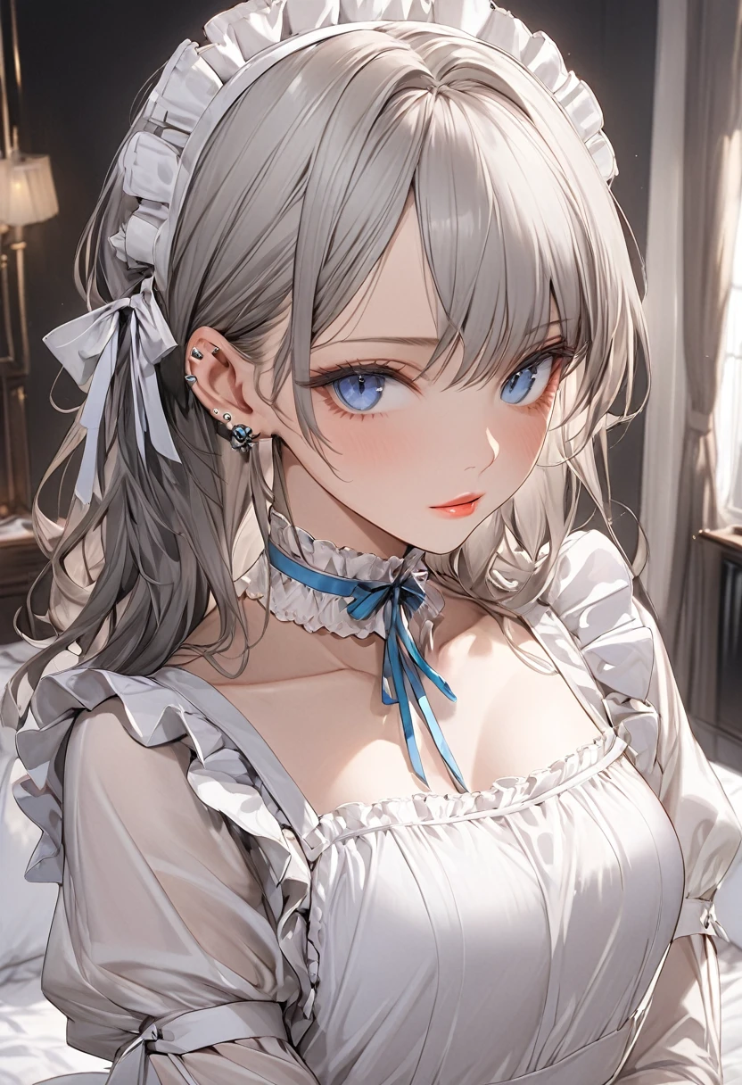 ((best quality)), ((masterpiece)), (detailed), 1 woman, Slim, curvy body, (Long Ash gray hair), (piercing blue eyes), (high cheekbones), (delicate neck), (slender build), (porcelain skin), (full lips), (rosebud complexion), (early 30’s), (maid outfit), (bedroom)