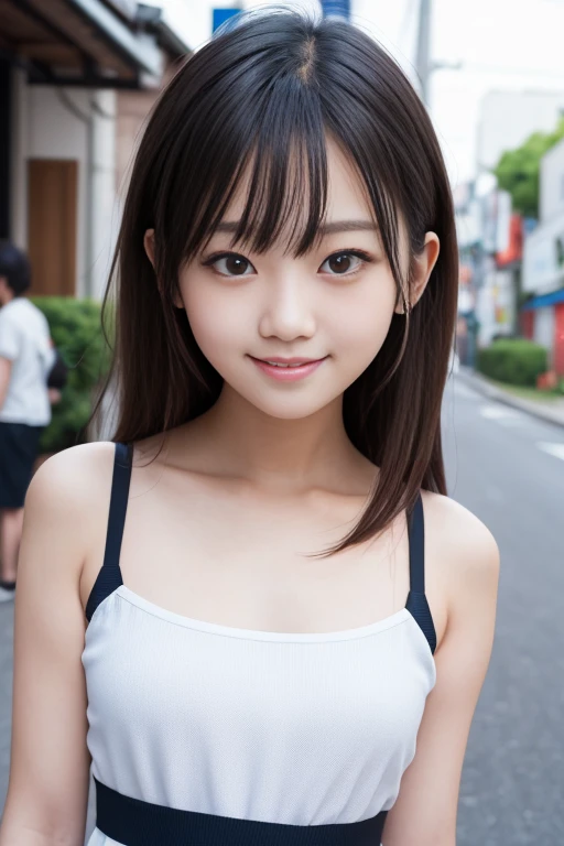   High quality masterpiece  , 8k, , Japanese Girls, RAW Photos,  absurd, Winner portrait smile face, 笑face, Alone, uniform, Summer Clothes Idol&#39;face, violet, Gardenia, Delicate girl, Long black hair, Dark Eyes, Upper body digital SLR,       Observe the Audience, Frank, Sophisticated, Like々Shii, Thin arms,     professional lighting ,      film grain ,     Color variations    , (Details of the eye and face: 1.0), (Bokeh button:1.1)