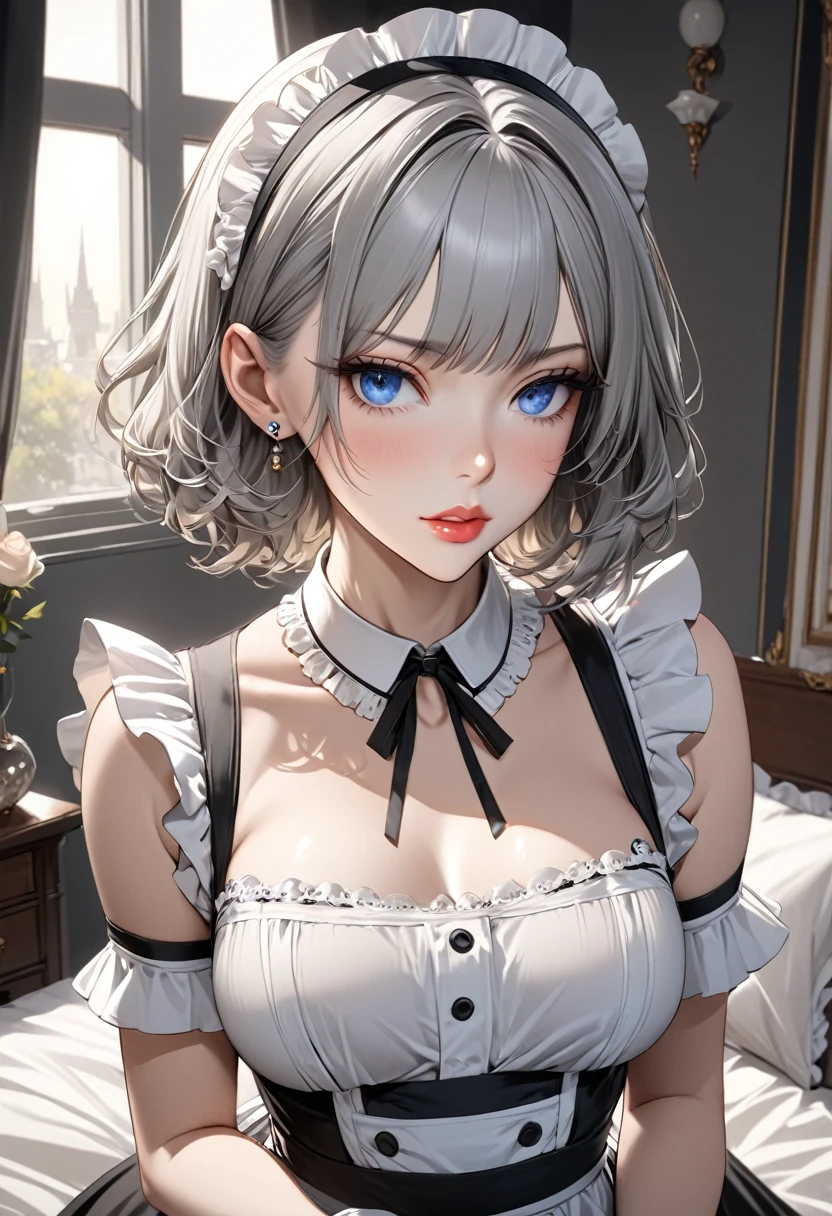 ((best quality)), ((masterpiece)), (detailed), 1 woman, Slim, curvy body, (Long Ash gray hair), (piercing blue eyes), (high cheekbones), (delicate neck), (slender build), (porcelain skin), (full lips), (rosebud complexion), (early 30’s), (maid outfit), (bedroom)