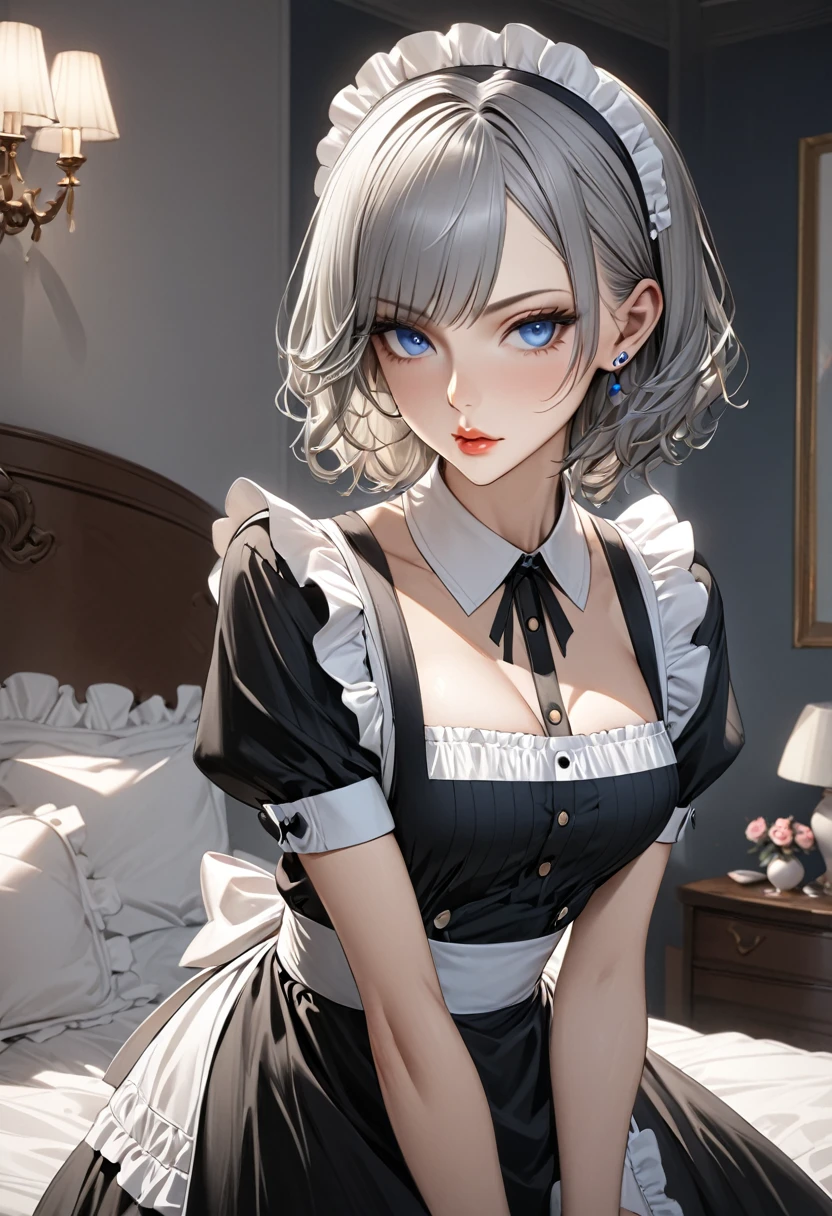 ((best quality)), ((masterpiece)), (detailed), 1 woman, Slim, curvy body, (Long Ash gray hair), (piercing blue eyes), (high cheekbones), (delicate neck), (slender build), (porcelain skin), (full lips), (rosebud complexion), (early 30’s), (maid outfit), (bedroom)