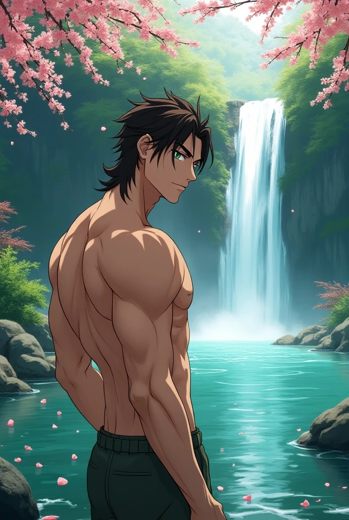 Muscular young man in black string thong, with big abs, big chest, in the river