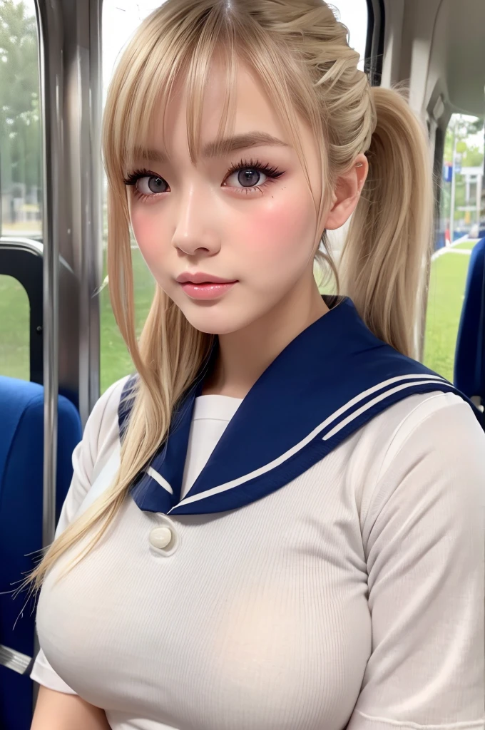 ((Highest quality)), ((masterpiece)), (High-definition photos), (upper ponytail), (Blonde), (bangs),  beautiful girl, False eyelashes, wetty lips, Thin eyebrows, gray eyes, ((sailor uniform)), standing on one leg, puffy nipples, puffy areola, erect nipples under clothes, white skin, head tilt, (Blushed:1.3), from side, arms up, on the bus, crowded, a lot of people
