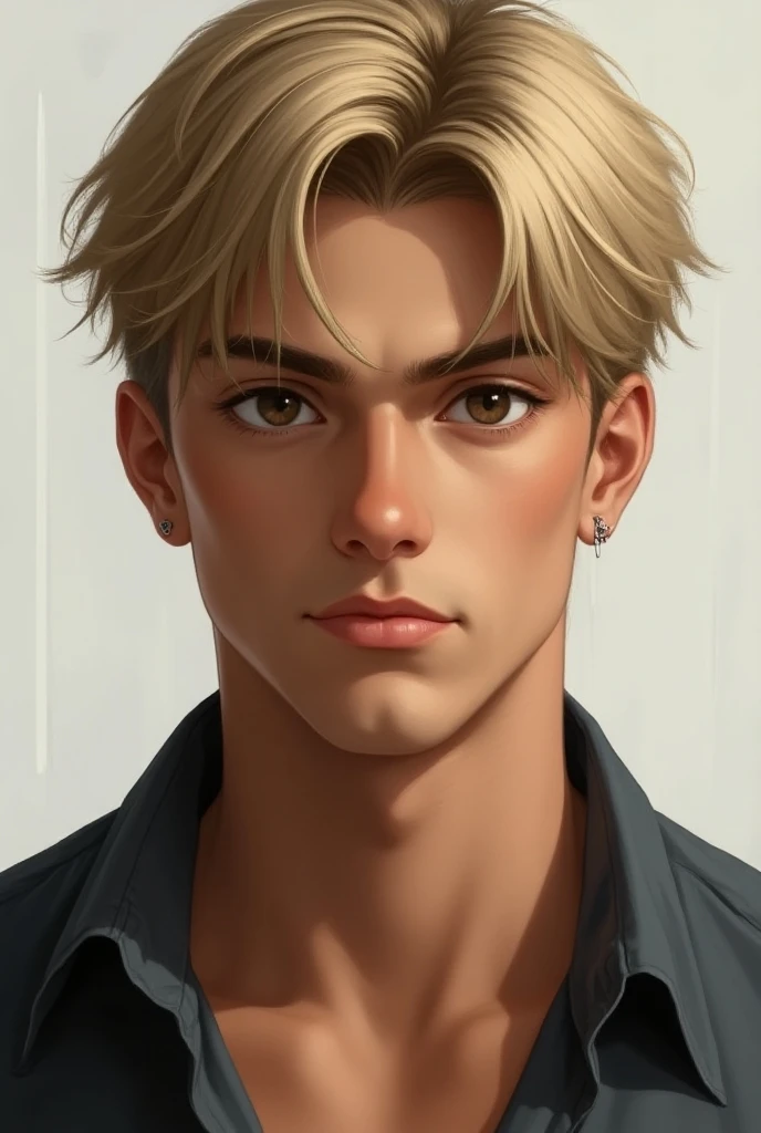 there is a man looking forward,bangs, short straight blonde hair, strong, Anton, handsome young man, 18 years old,