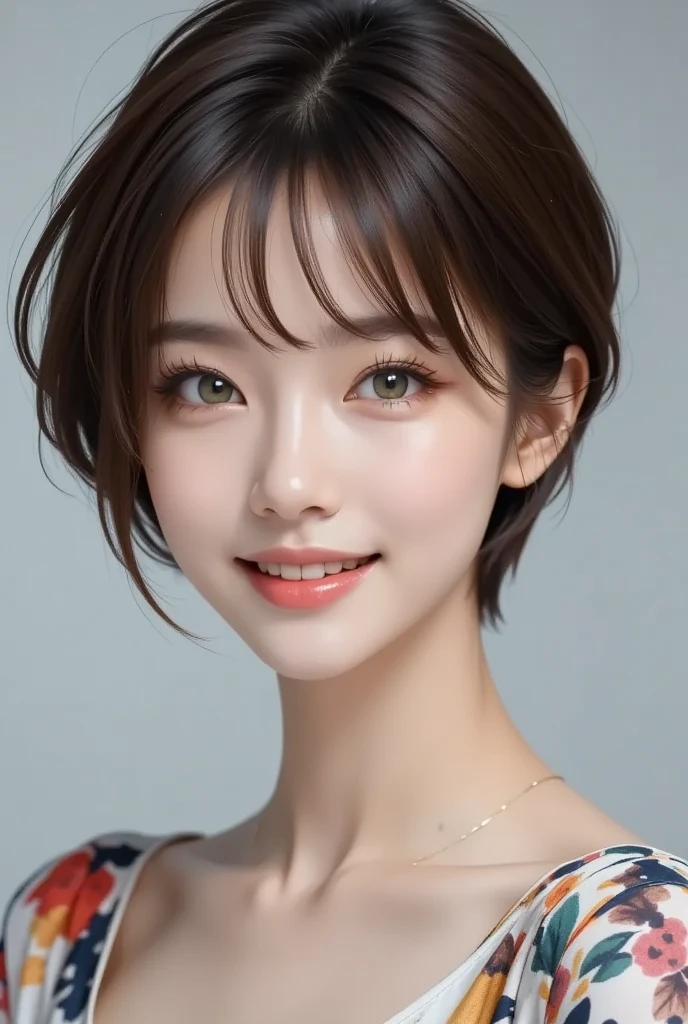 (masterpiece), ((Best Quality)), ((8k)), ((Surreal)), ((Realistic)), (Mature), ((There are no classes)),  very detailed, ( 1. Beautiful Women), Beautiful and delicate, (Beautiful Teeth), Green,  brunette pixie cut,  Brown Eyes , ((random color blouse )), ( upper body), ((background:none)),  perfect eyes, Captivating eyes, Gazing at the audience