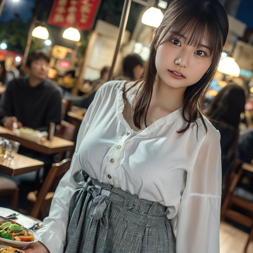  High Resolution ,  textured skin, girl, 20 years old, Height: 153cm, ((Big Breasts,round face)), photograph, ((Expose)), ((Busty, chestの谷間, chest, sexy)), cute, Idol, ((Light clothing,night)) , Black underwear, restaurant, lunch, Yakiniku