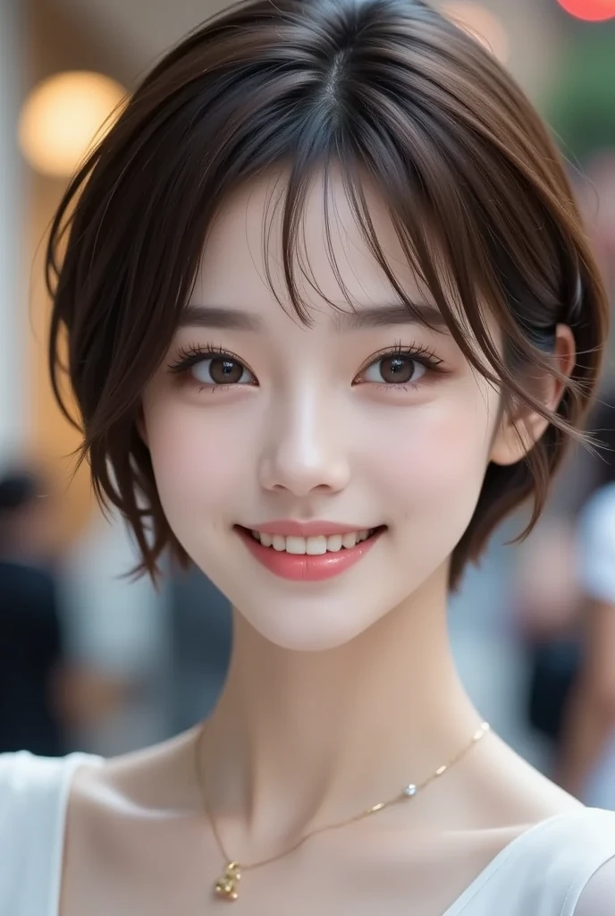 (masterpiece), ((Best Quality)), ((8k)), ((Surreal)), ((Realistic)), (Mature), ((There are no classes)),  very detailed, ( 1. Beautiful Women), Beautiful and delicate, (Beautiful Teeth), Green,  brunette pixie cut,  Brown Eyes , ((random color blouse )), ( upper body), ((background:none)),  perfect eyes, Captivating eyes, Gazing at the audience