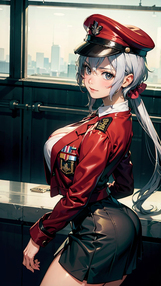 最 High image quality , masterpiece, 32K、  very detailed、1 girl, Yukine Chris,Silver hair twintails, Japanese women 、Silver military uniform のコスチューム、luxury, Futuristic,  Sexy Costumes, T-bag、The butt is attractive、 Black military uniform 、US military uniform hat、Silver military uniform 、Class seal、Silver military uniform の帽子をかぶる(military uniform hat),    if you roll up the skirt   、   you can see how to roll up the skirt with both hands  、Cute face, (photograph :1.3),  Edge Lighting , (  Detailed Skin :1.2), 8K ultra-high resolution ,   SLR Camera  ,  High image quality ,  high res, 4K, 8k,    optimal ratio of fingers and thumbs , (:1.3), cute 1 girl, Realistic、Super Realistic、32K、  very detailed、masterpiece, 最 High image quality ,  beautiful girl with high breasts, Beauty、  gorgeous girl , big , big Ass, Narrow waist,  spread your legs,  rich facial details , Future City,   very detailedな,  high res, masterpiece,  High image quality ,  high res, 