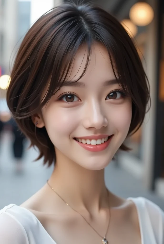 (masterpiece), ((Best Quality)), ((8k)), ((Surreal)), ((Realistic)), (Mature), ((There are no classes)),  very detailed, ( 1. Beautiful Women), Beautiful and delicate, (Beautiful Teeth), Green,  brunette pixie cut,  Brown Eyes , ((random color blouse )), ( upper body), ((background:none)),  perfect eyes, Captivating eyes, Gazing at the audience