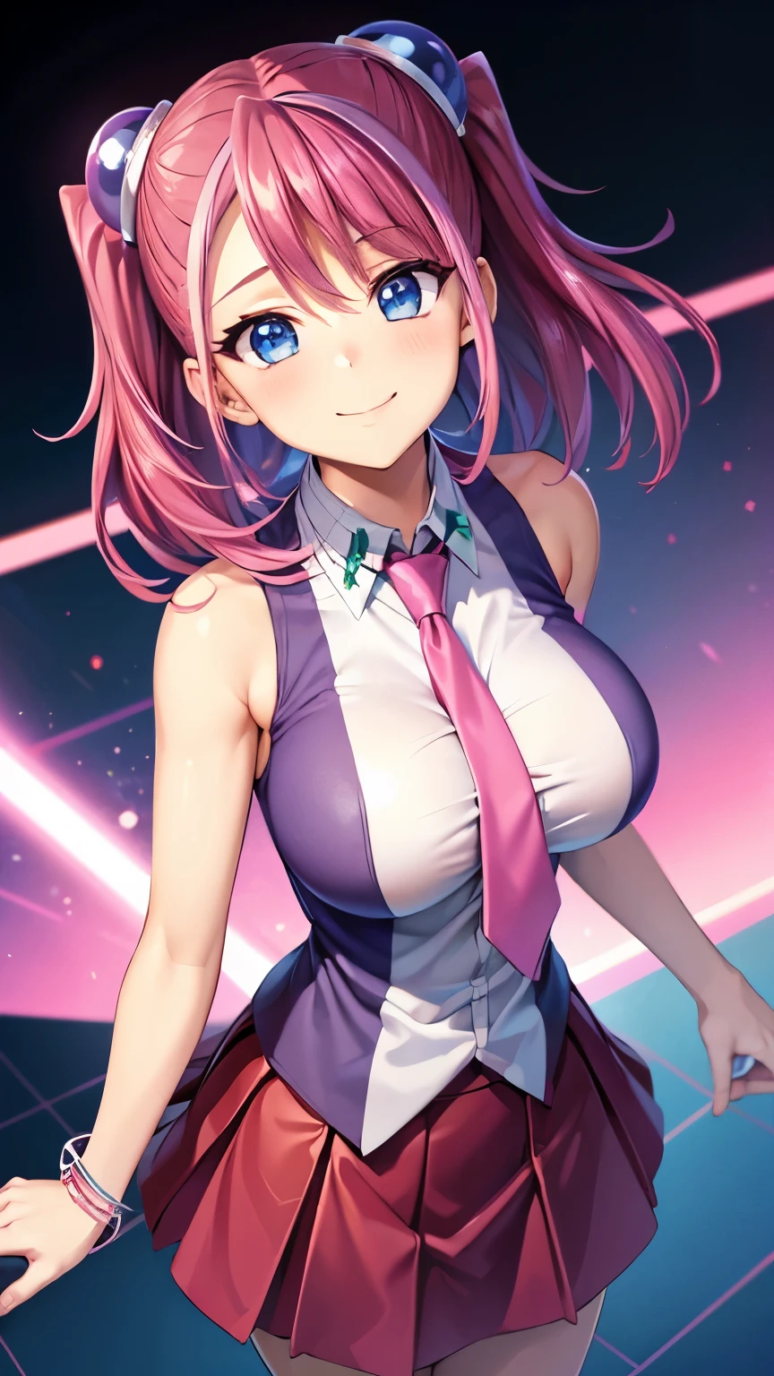 masterpiece, best quality, highres, hy1, hair ornament, multicolored hair, necktie,pink skirt,tight skirt, miniskirt ,sleeveless, , jewelry, ,smile,big tits  ,looking at viewer,top view,(standing), bracelet, Cyber city,pink neon lights,((perfect face)),perfect body, perfect , high definition,blush,((upper body))