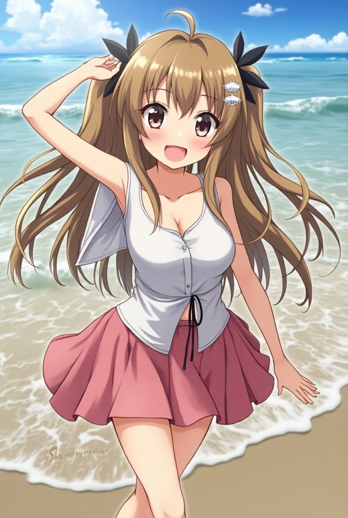 (masterpiece, 4K, Highest quality, anime style: 1.9, Detailed face, cute, Bold Line, High resolution, anime, alone, Curvaceous, Thighs, Cleavage, Center of chest, .Very slim belly, Cowboy Shot, 1 person,(((Small breasts,Short stature)))Naked in a swimsuit,Long Hair,(Outdoor,beautiful sea),(blush,smile),Sexy pose,((front)).((((see-throughビキニ)))).White Bikini,(Beautiful nipples,pubic hair),(((Sheer swimsuit))),(Sitting on the beach with legs spread,M-shaped legs)