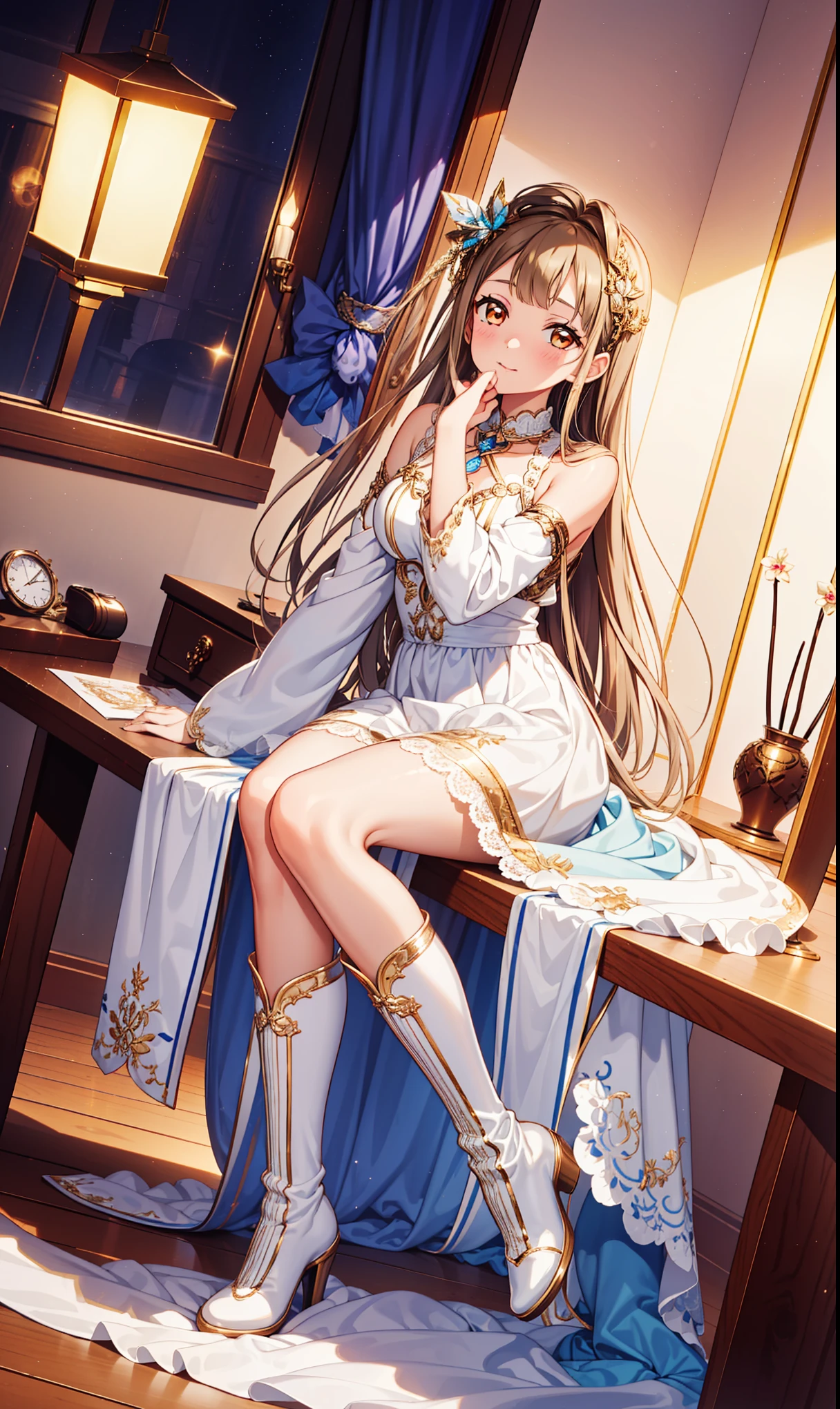 Teenage Girl，obsessed， Have Fun ，in love，(Western magic white clothes)， brown hair ，Golden Eyes，Transparent clothes，Exquisite hair accessories，Transparent lace，Sky blue pattern，night，Dress nicely，bedroom，solitary，night，Engraved suspender boots， Slim Beautiful Face ，