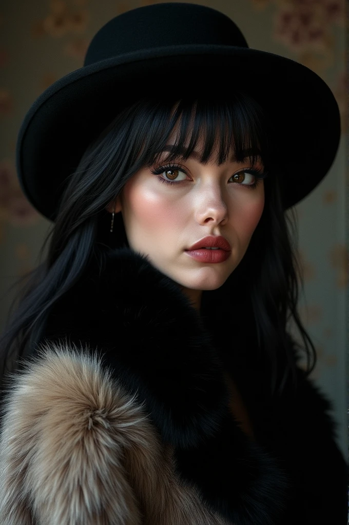 A beautiful woman with black hair wearing a fur coat and fur hat ...