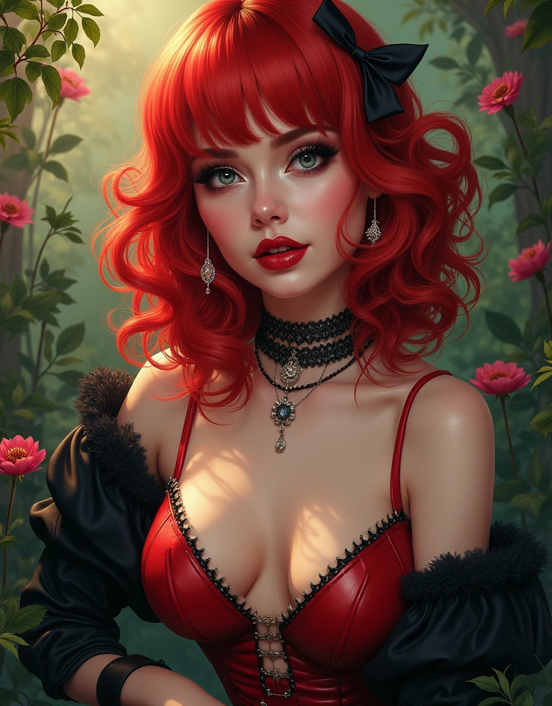 (Masterpiece - Ultra-Detailed, High Resolution) ((vivid red hair)), mature woman, 30 years old, diamond face, red starry sky background, depth of field, magic, big red lips, ((dark and red black eyes)) black and red long and full dress, covered chest, mystical atmosphere, ominous shadows, Intense blue aura, Intense red aura (best quality:1.2), absurdres, intricate details, (highly detailed skin:1.2), smile expression, posing, taut and well defined body, attractive. Highly realistic, pale skin, beautiful, hyperrealism, skin very elaborated, direct gaze, sitting on the ground, backwards, looking back, apple and red flowers arround