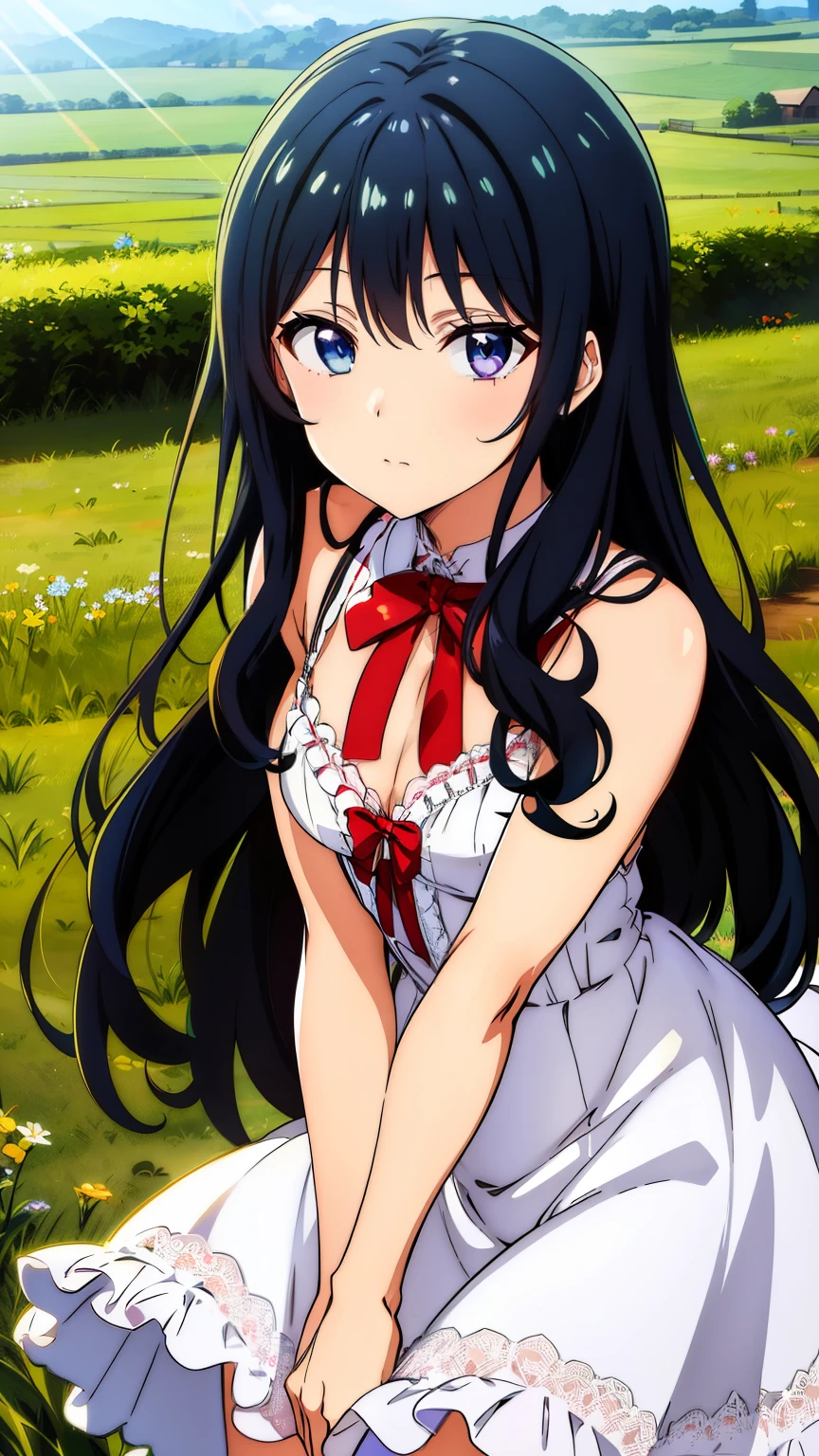 (masterpiece, best quality, high resolution, 8k:1.2), anime art style, nozaki yuu,anime, girl1people, small breasts, (:1.3), (narrowed eyes, eyes half-closed, jitome, rolling eyes :1.2),(eye light: 1.2), closed mouth, blue hair, very long hair, (wavy hair:1.2), purple eyes, beautiful eyes, highly detailed face, Detailed CG, expressionless, solo,((ta fashion, countryside, summer)), standing, looking at the viewer, in the center of the image, dynamic poses, dynamic angles,