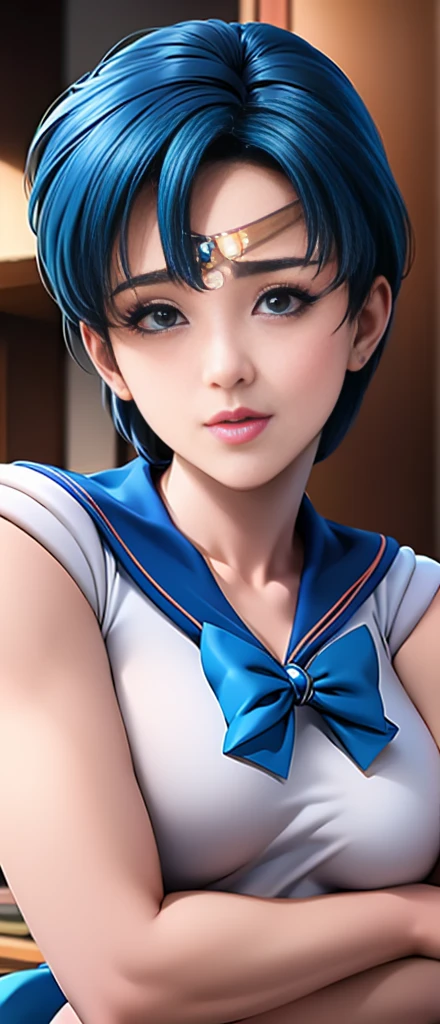 Beauty、 very cute face、Outstanding physique 、Highest quality、masterpiece、8k、Soft impression、Upper body only、( Sailor Mercury、Every detail、Delicate details)Full Body Shot、Full Shot