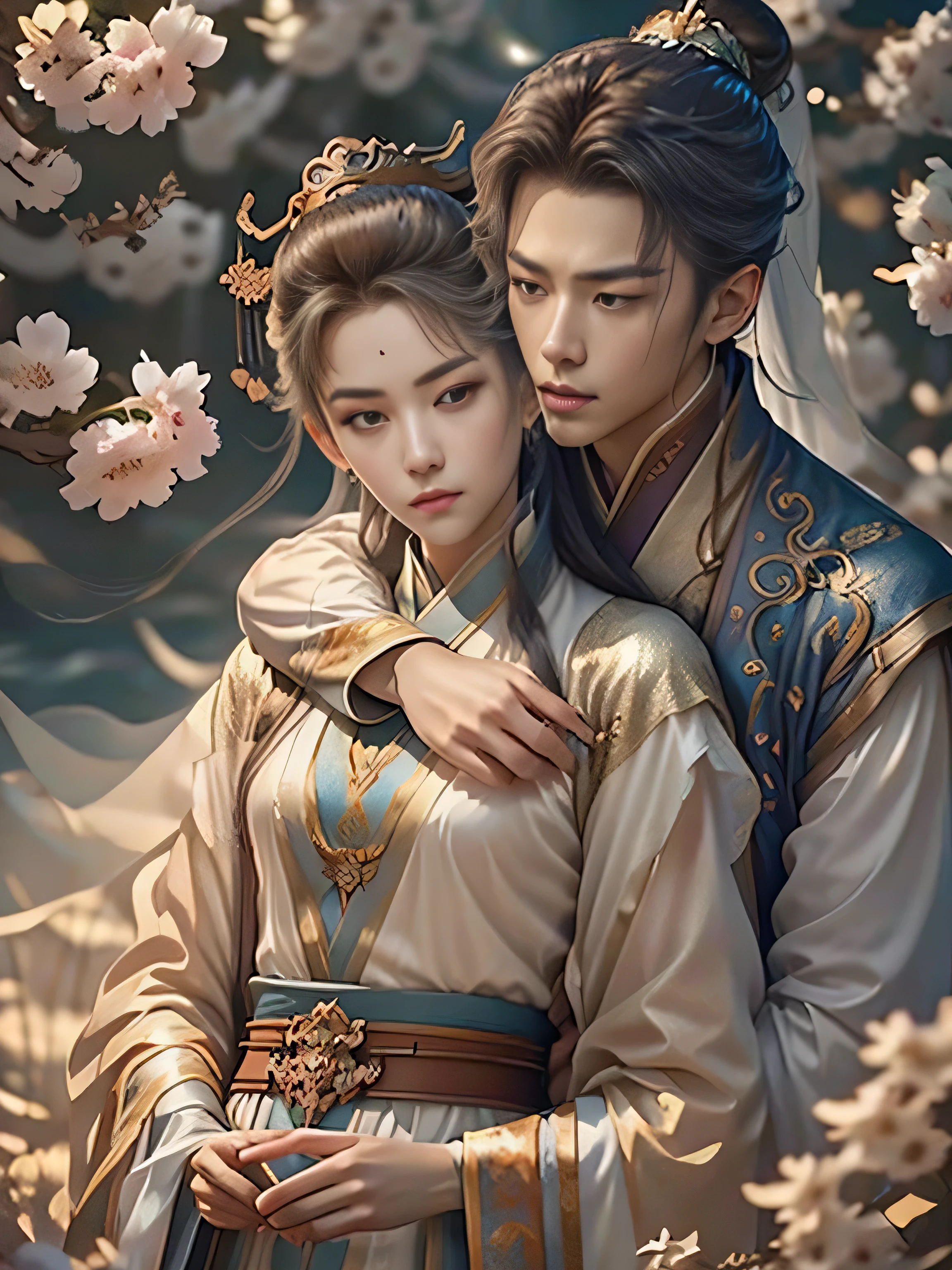 (Best Quality, Super Detail, Masterpiece, Representative Work, Official Art, Professional, Super Fine Detail, 8k:1.3), (photorealism:1.2), (Couple, Beautiful Girl and Boy), A couple in the sea of flowers, Handsome guy hugs beautiful girl from behind, Smiling and Wearing White Clothes, Delicate Hair, Chinese Beauty and Handsome Man, Wearing Ancient Chinese Clothes, Flowing Tulle, Light Silk, Create a movie poster similar to those used in Chinese romantic fantasy dramas, Correct proportions, Perfect face, perfect hands, Sweet atmosphere, Photorealistic, Sharp Focus, Dreamy Atmosphere, Delicate Details, Soft Volumetric Light, (Backlight:1.3), (Cinematic:1.2), Intricate Details, (ArtStation:1.3)