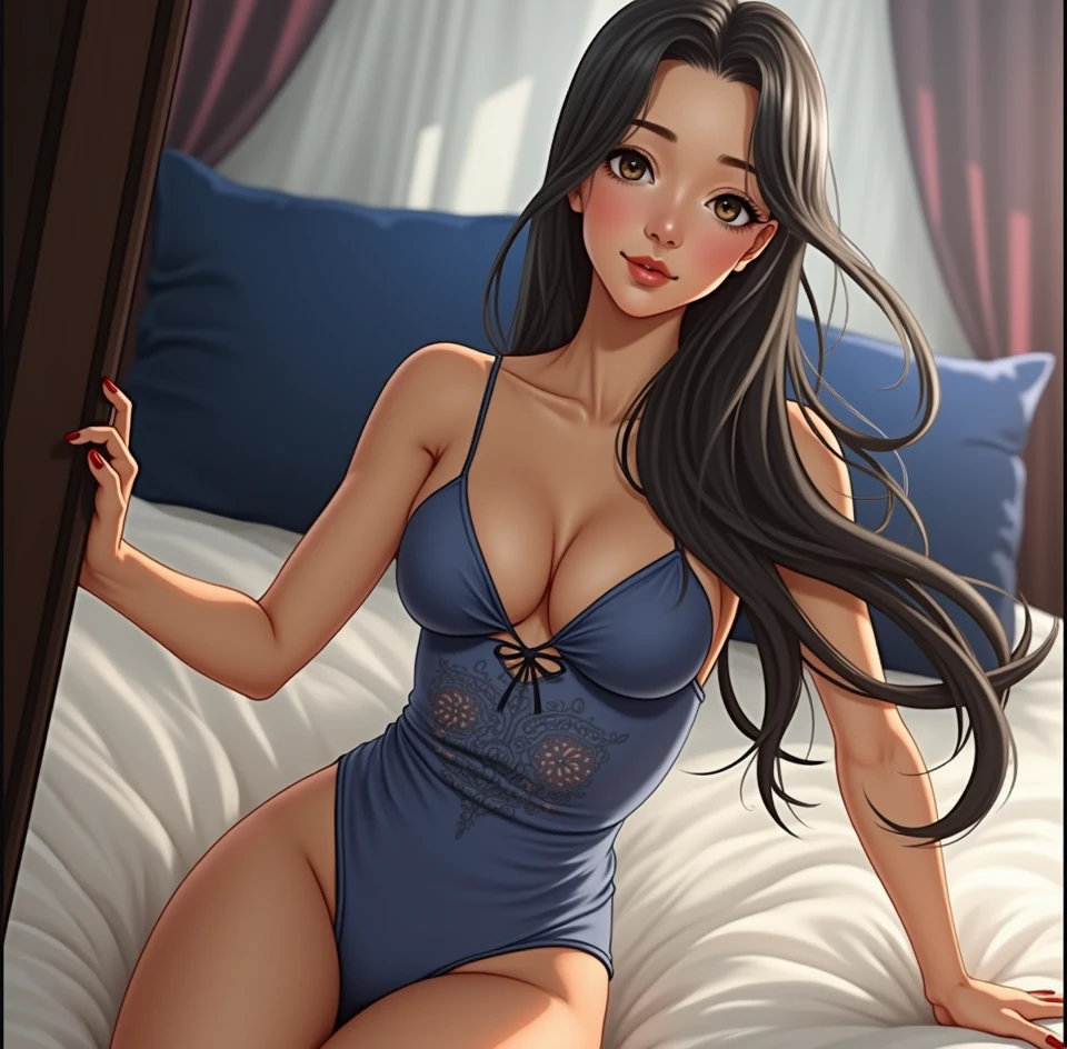 (1 girl:1.2) , (blue bikini:1.2) , (thick thighs:1.1) , (sfw:1.2), (facing the camera:1.2) , (black hair:1) , wavy hair, (pale skin:1.2), whole body,  (sitting:1.2), sitting sobre a cama, in bedroom, sultry posing, very beautiful, Beauthfull, (highres:1.2), 8K, pinky skin.