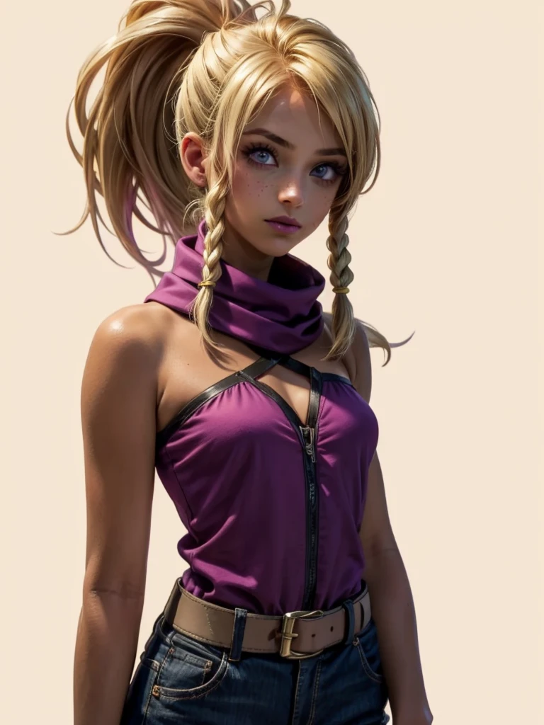 1girl, ((fourteen year old)), ((deep tan skin)), freckles, eyebrow scar, (((blonde hair))), two-tone hair, dark fuchsia tips, dark fuchsia highlights, (dark fuchsia eyes), wild hair, (((ponytail))), dark fuchsia clothes, dark orange clothes, topless, belt across chest, flat chest, small breasts, large mauve scarf, asymmetrical gloves, belts, greenscreen background, blank background
